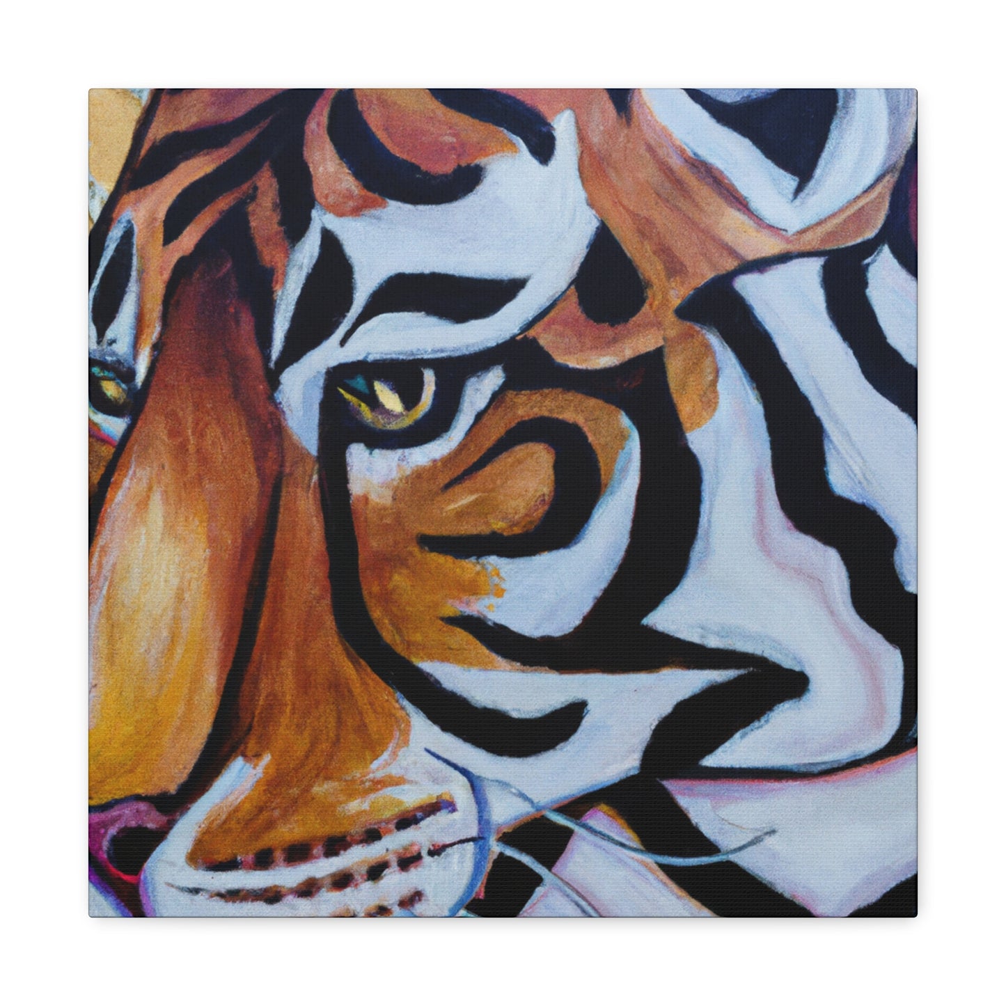 The Bengal tiger has become an iconic symbol of style and elegance in the Art Deco era of the 1920s. Its beautiful orange and black stripes, strong features, and fierce demeanor would all work to create a powerful and stylish motif. This could - Canvas