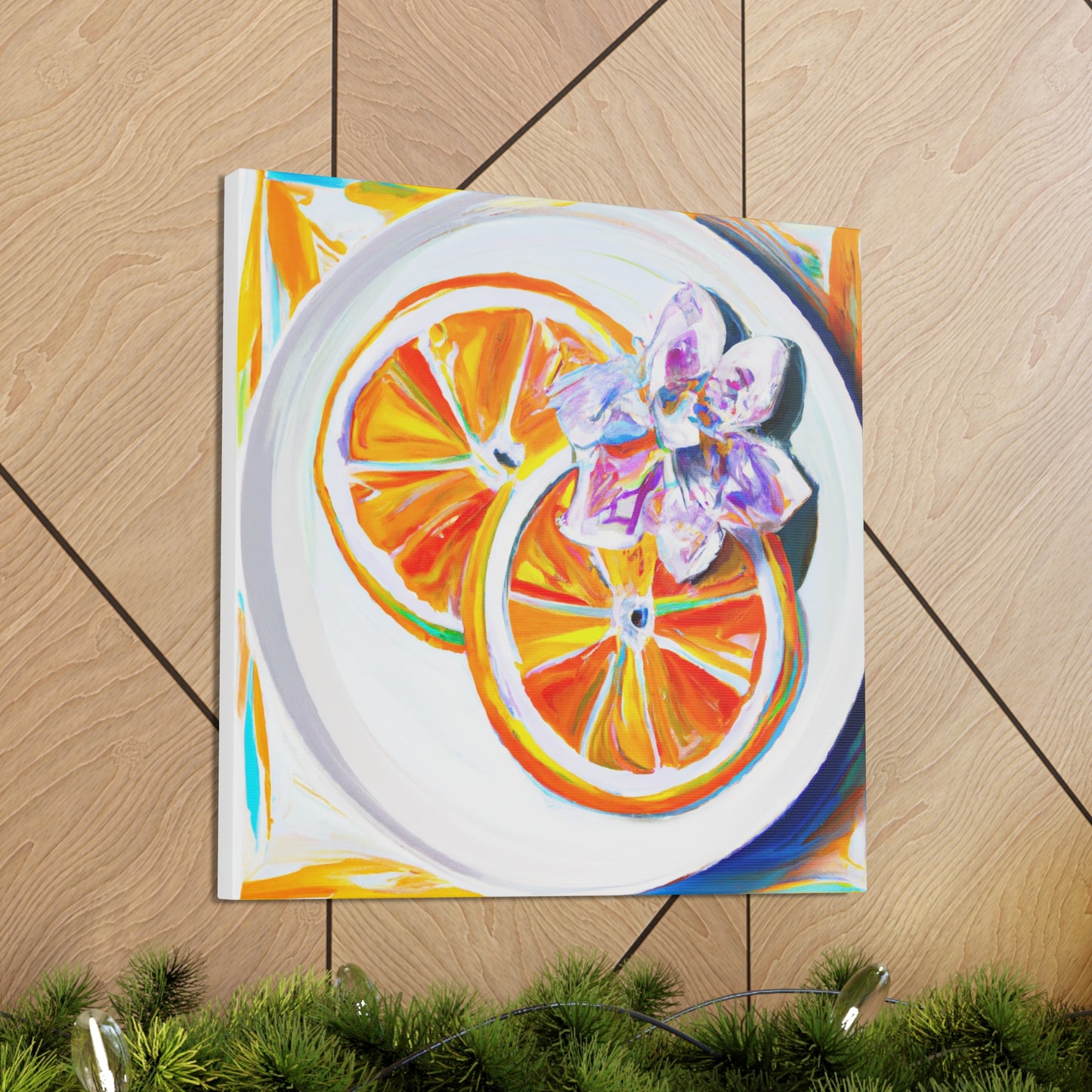 For a 1920s Art Decor look in orange, you can start by using a linen texture or other neutral tone backdrop. Then add geometric shapes, such as honeycomb or diamond patterns, in orange. Accent with furniture that has dark - Canvas