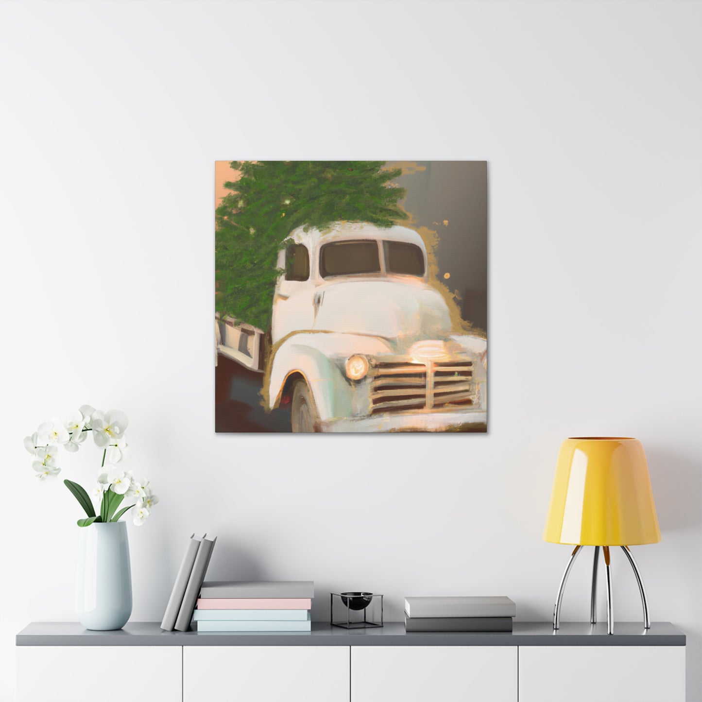 This is a unique antique piece that would look great in any Art Deco-inspired space. The vintage Christmas Tree delivery truck is hand-painted in bold black and white, with bright red accents on the tree. The vehicle itself features a - Canvas