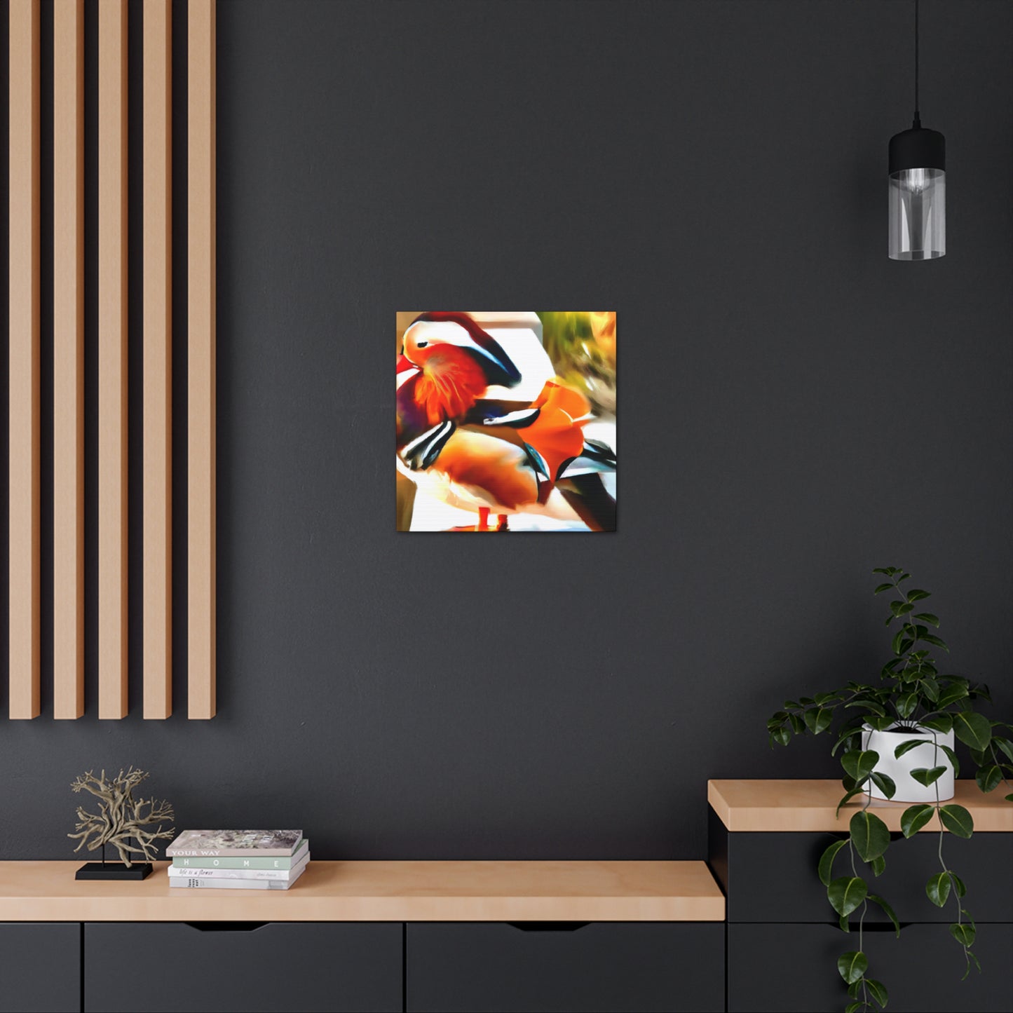 The mandarin duck, native to East Asia, became a popular motif in Art Deco aesthetics of the 1920s. Representing a symbol of love and fidelity, the Mandarin duck became popular because of its striking colors and graceful posture. The - Canvas