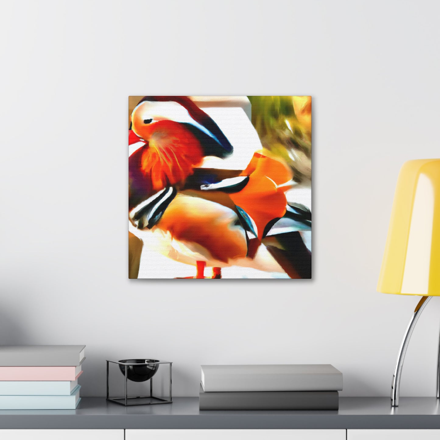 The mandarin duck, native to East Asia, became a popular motif in Art Deco aesthetics of the 1920s. Representing a symbol of love and fidelity, the Mandarin duck became popular because of its striking colors and graceful posture. The - Canvas