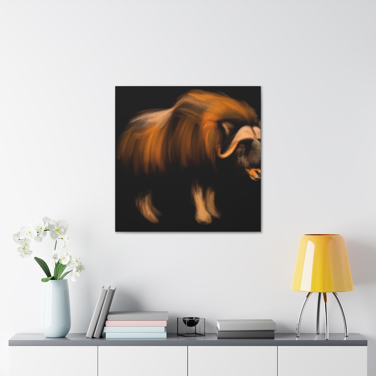 The Musk Ox was a popular symbol in Art Deco during the 1920s. It symbolized rugged strength and courage, and typically featured horns, thick fur, and a strong jaw line. Often adorned with geometric patterns, geometric shapes, and - Canvas