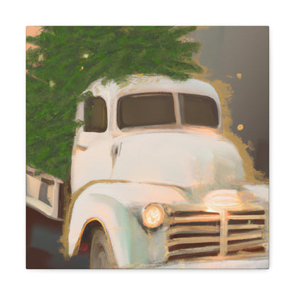 This is a unique antique piece that would look great in any Art Deco-inspired space. The vintage Christmas Tree delivery truck is hand-painted in bold black and white, with bright red accents on the tree. The vehicle itself features a - Canvas