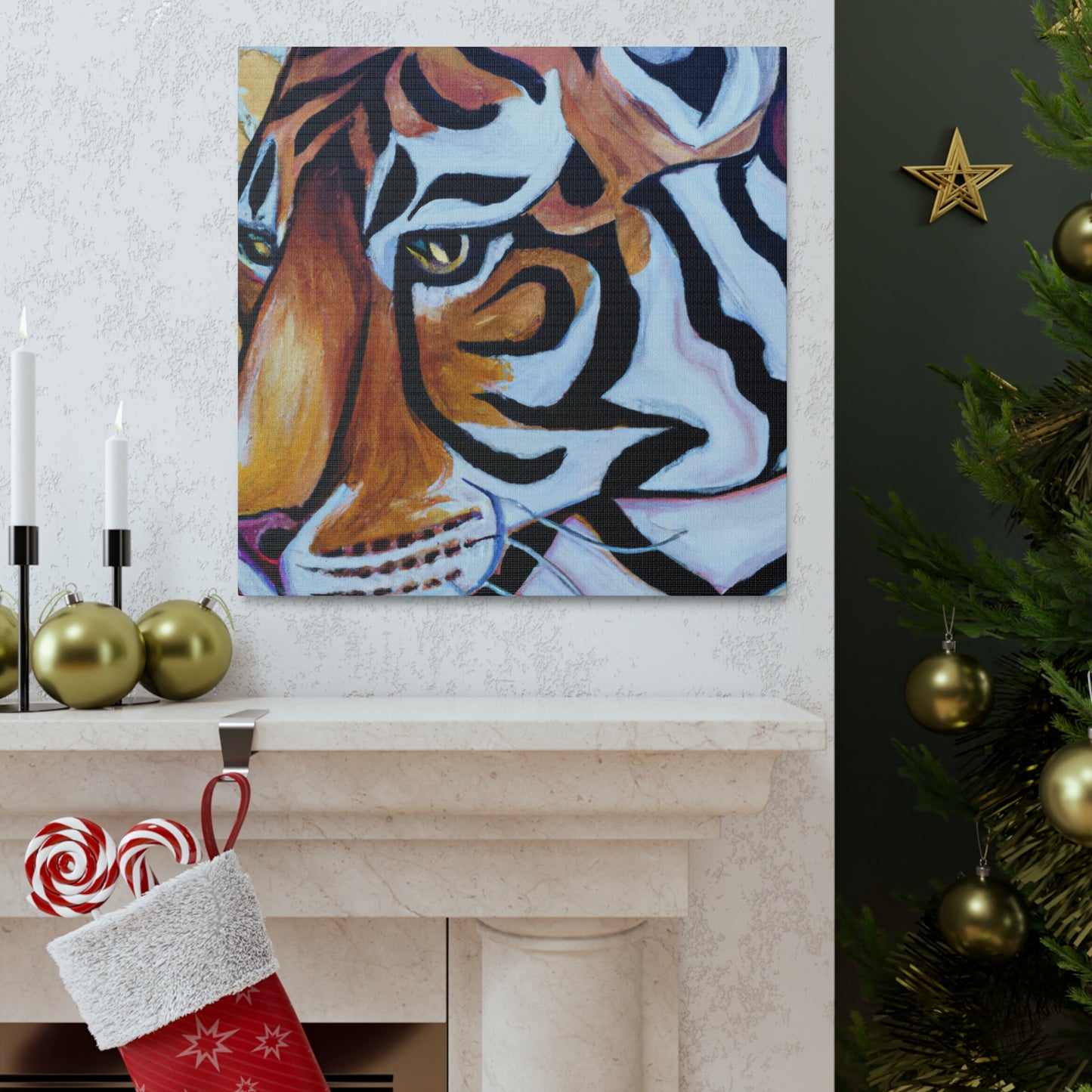 The Bengal tiger has become an iconic symbol of style and elegance in the Art Deco era of the 1920s. Its beautiful orange and black stripes, strong features, and fierce demeanor would all work to create a powerful and stylish motif. This could - Canvas