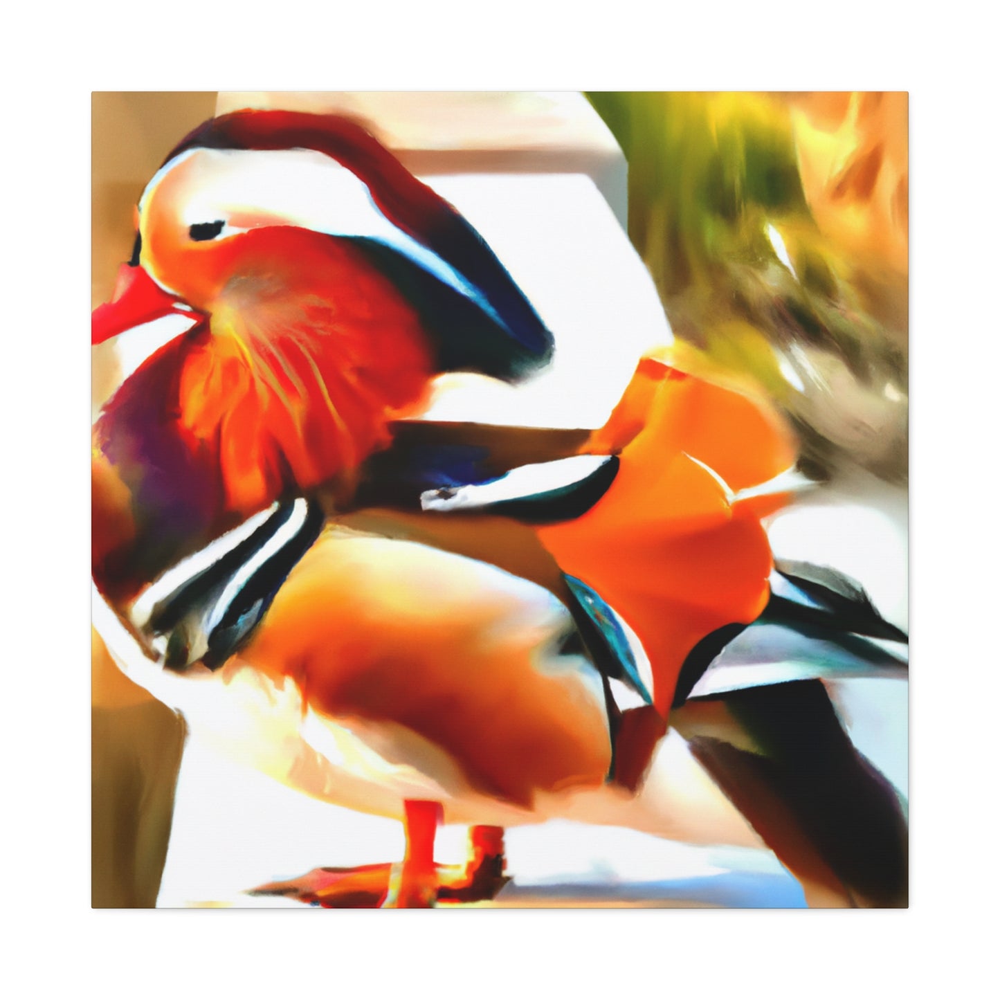 The mandarin duck, native to East Asia, became a popular motif in Art Deco aesthetics of the 1920s. Representing a symbol of love and fidelity, the Mandarin duck became popular because of its striking colors and graceful posture. The - Canvas