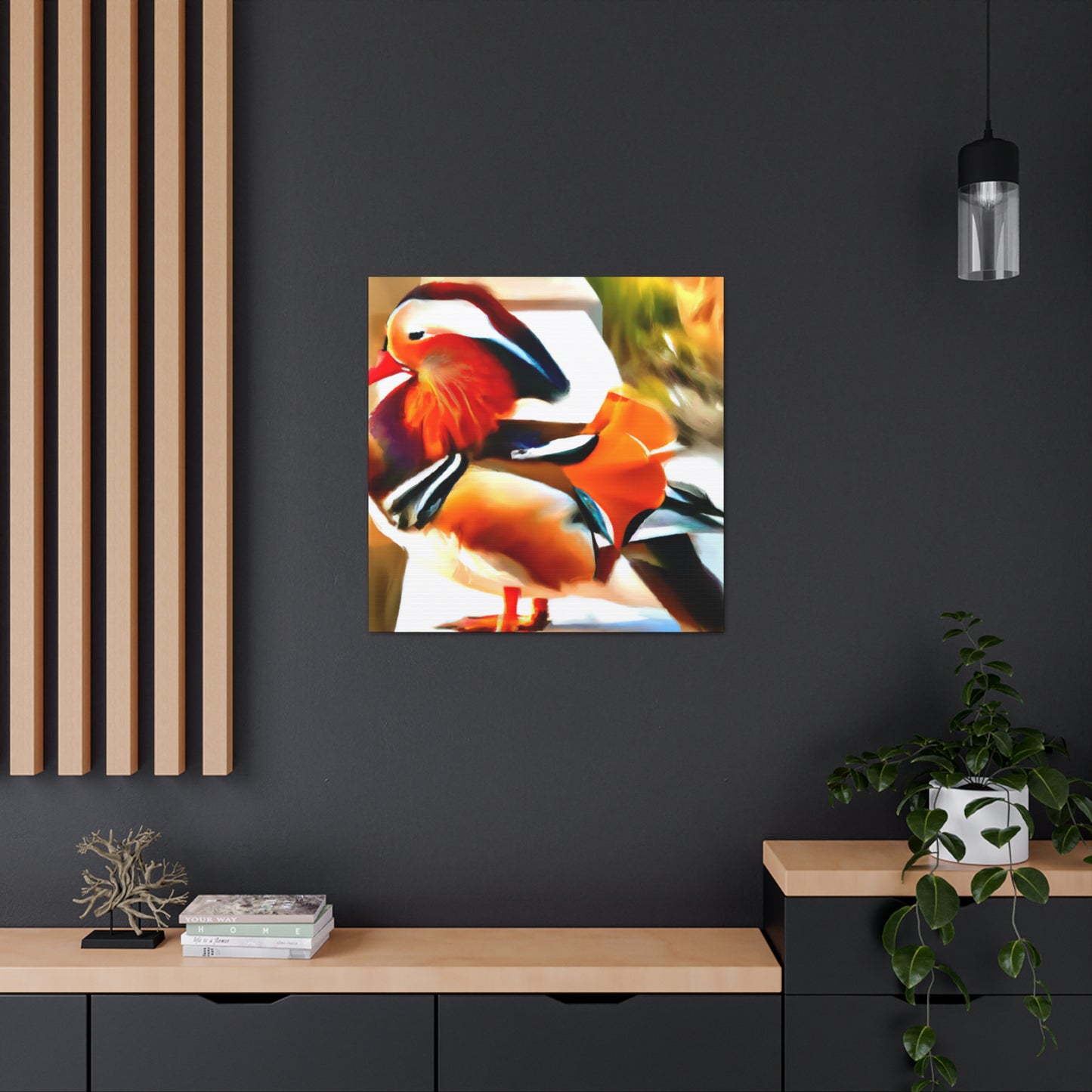 The mandarin duck, native to East Asia, became a popular motif in Art Deco aesthetics of the 1920s. Representing a symbol of love and fidelity, the Mandarin duck became popular because of its striking colors and graceful posture. The - Canvas