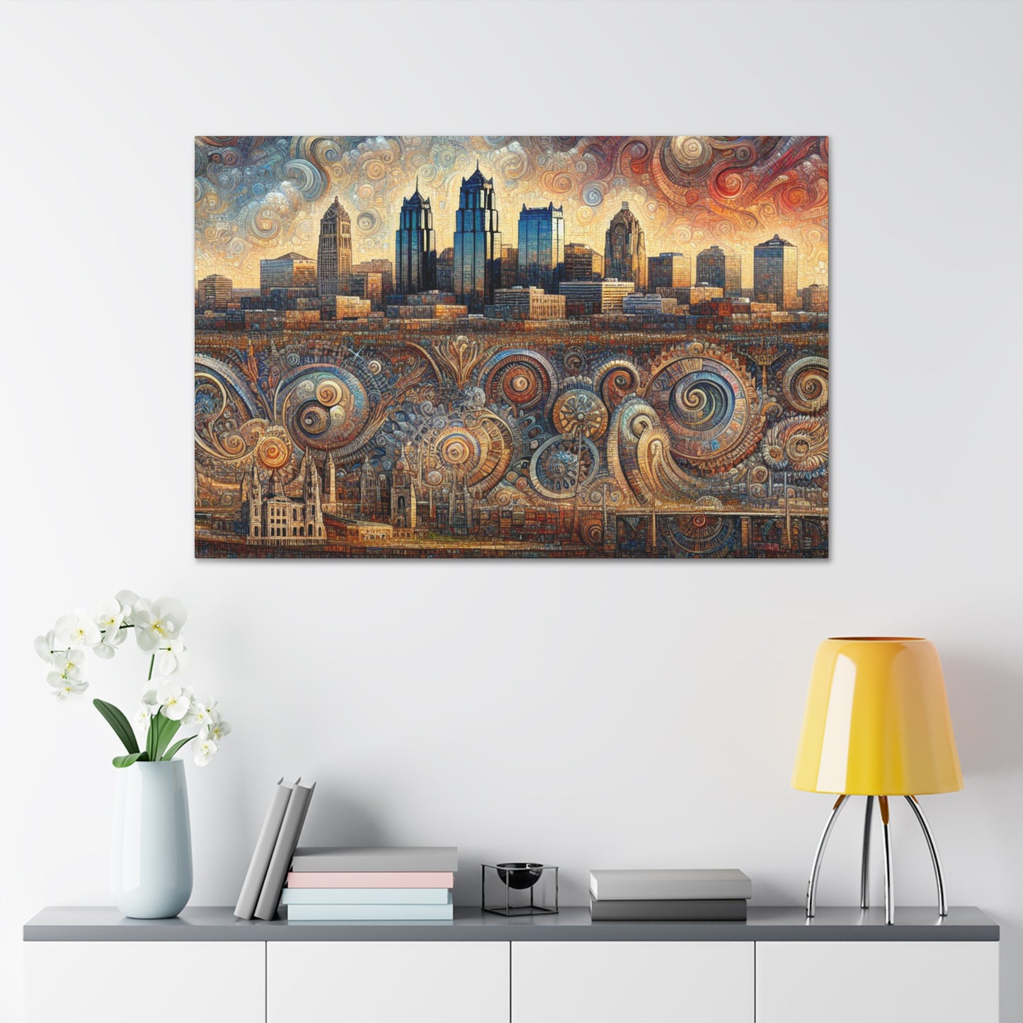 "Cityscape Symphony: Kansas Reflections" - Canvas