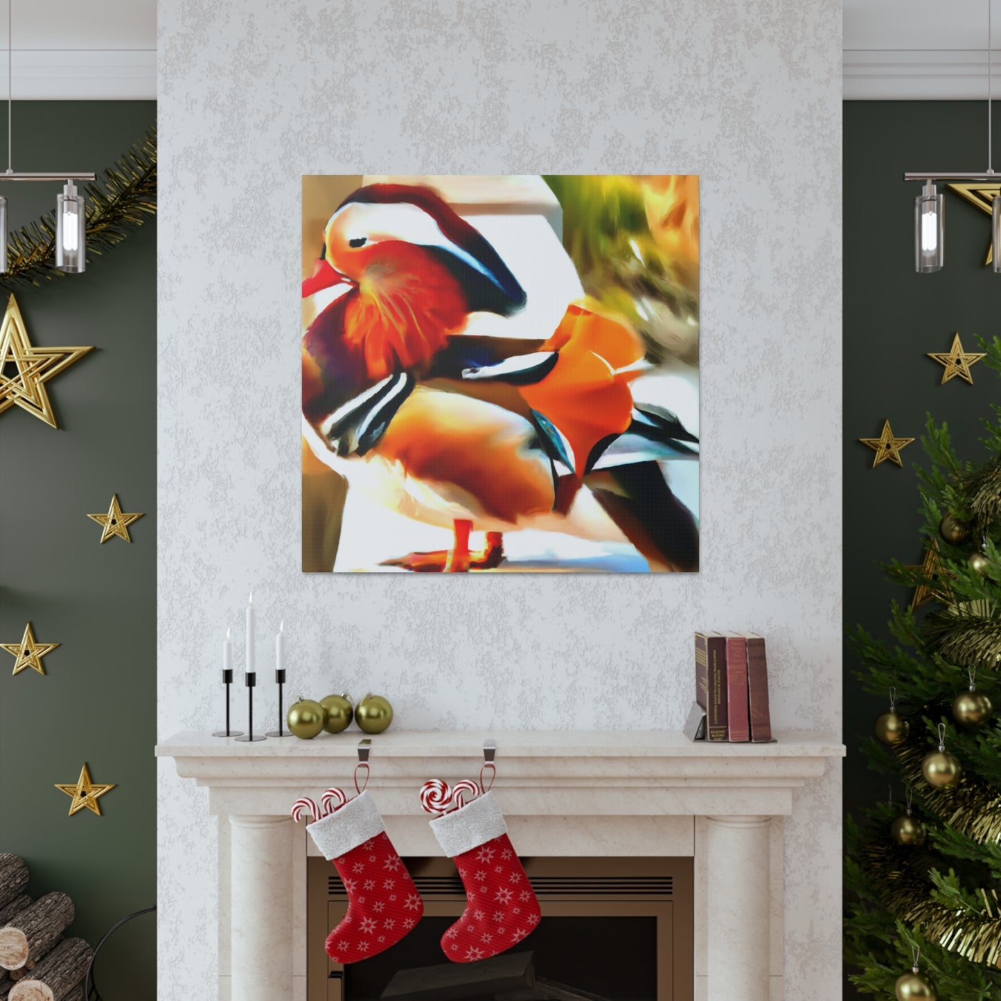 The mandarin duck, native to East Asia, became a popular motif in Art Deco aesthetics of the 1920s. Representing a symbol of love and fidelity, the Mandarin duck became popular because of its striking colors and graceful posture. The - Canvas