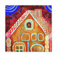 Gingerbread houses are a classic decoration in Art Decor from the 1920s. This popular craft is a fun and festive way to add some nostalgia and whimsy to any room. Gingerbread houses are constructed from edible components, typically dark - Canvas