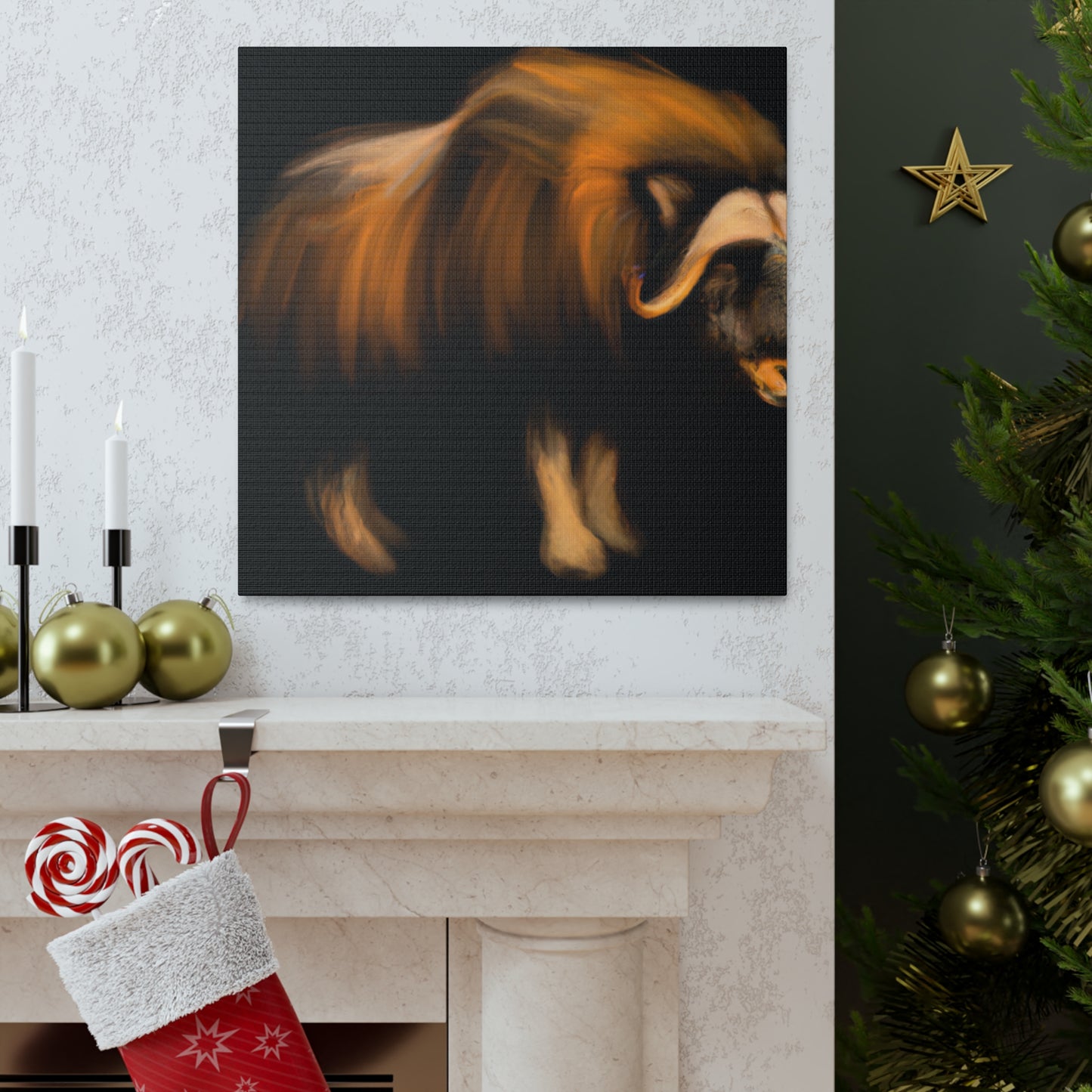 The Musk Ox was a popular symbol in Art Deco during the 1920s. It symbolized rugged strength and courage, and typically featured horns, thick fur, and a strong jaw line. Often adorned with geometric patterns, geometric shapes, and - Canvas