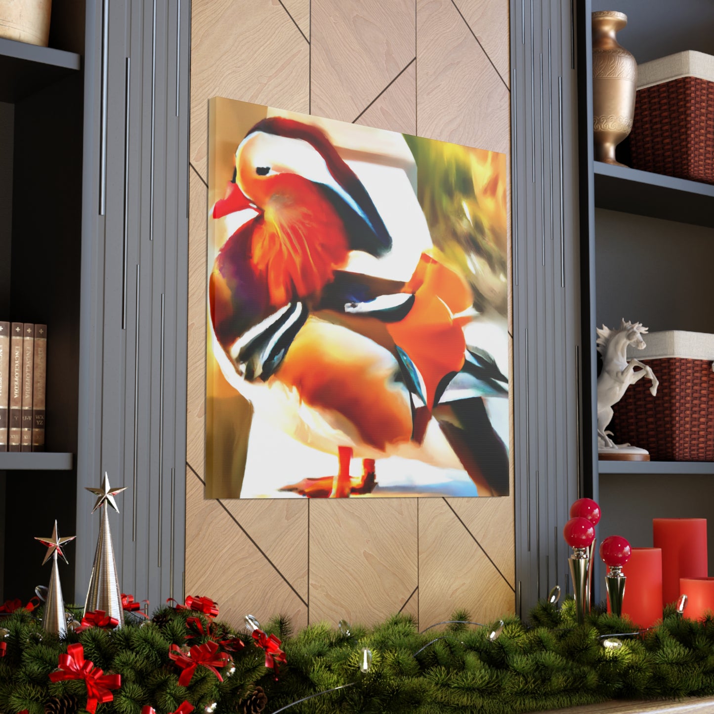 The mandarin duck, native to East Asia, became a popular motif in Art Deco aesthetics of the 1920s. Representing a symbol of love and fidelity, the Mandarin duck became popular because of its striking colors and graceful posture. The - Canvas