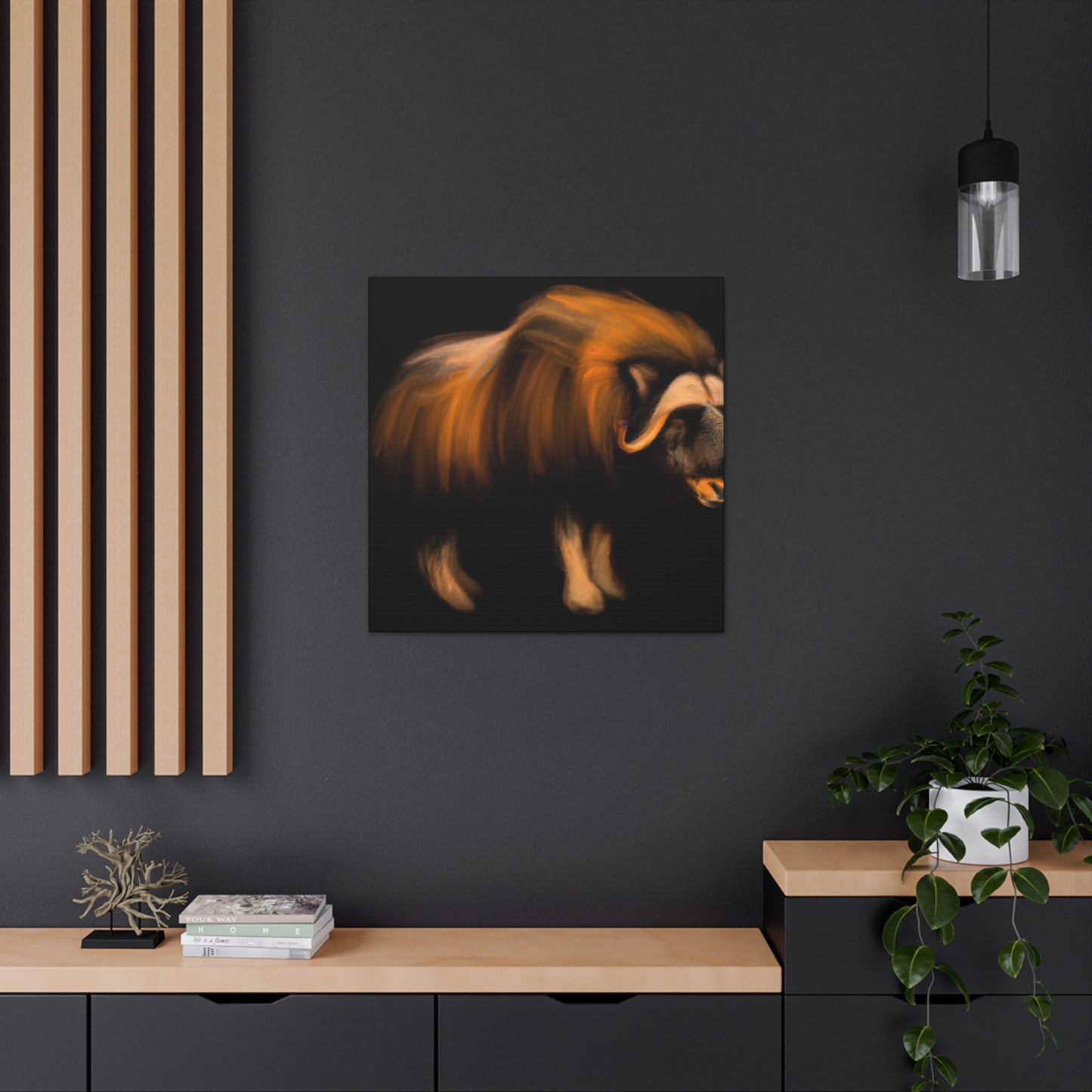 The Musk Ox was a popular symbol in Art Deco during the 1920s. It symbolized rugged strength and courage, and typically featured horns, thick fur, and a strong jaw line. Often adorned with geometric patterns, geometric shapes, and - Canvas