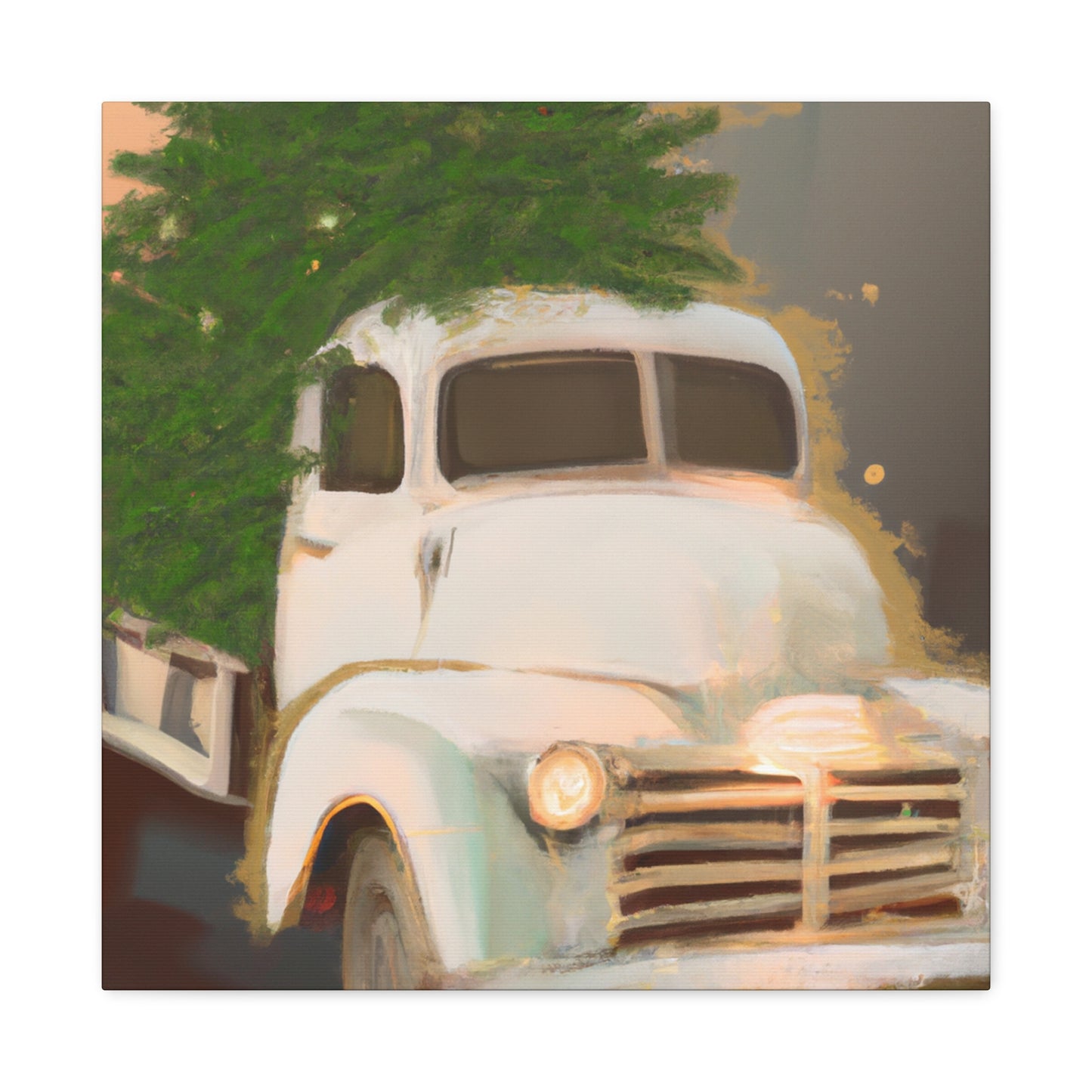 This is a unique antique piece that would look great in any Art Deco-inspired space. The vintage Christmas Tree delivery truck is hand-painted in bold black and white, with bright red accents on the tree. The vehicle itself features a - Canvas