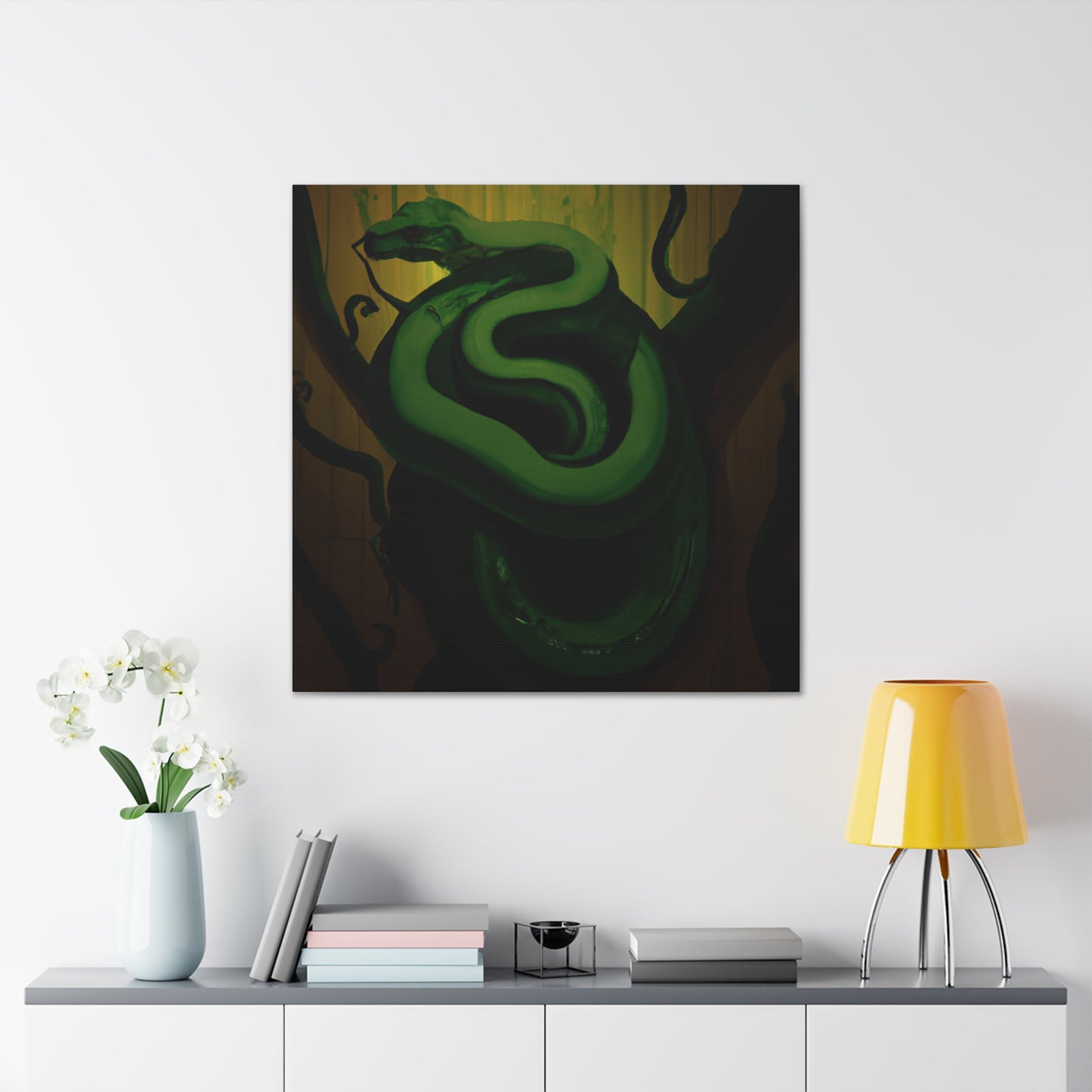 The Green Tree Python is a species of snake native to Southeast Asia, Australia, and surrounding areas, known for its striking colour and intricate markings. During the 1920s, Green Tree Pythons were popular among Art Deco stylists, who - Canvas