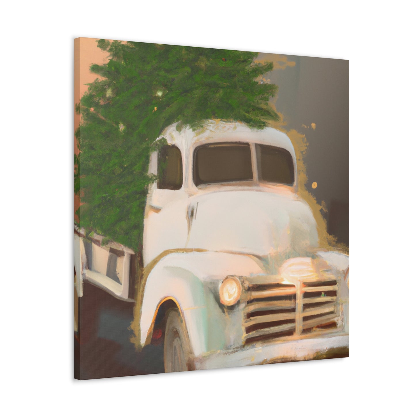 This is a unique antique piece that would look great in any Art Deco-inspired space. The vintage Christmas Tree delivery truck is hand-painted in bold black and white, with bright red accents on the tree. The vehicle itself features a - Canvas