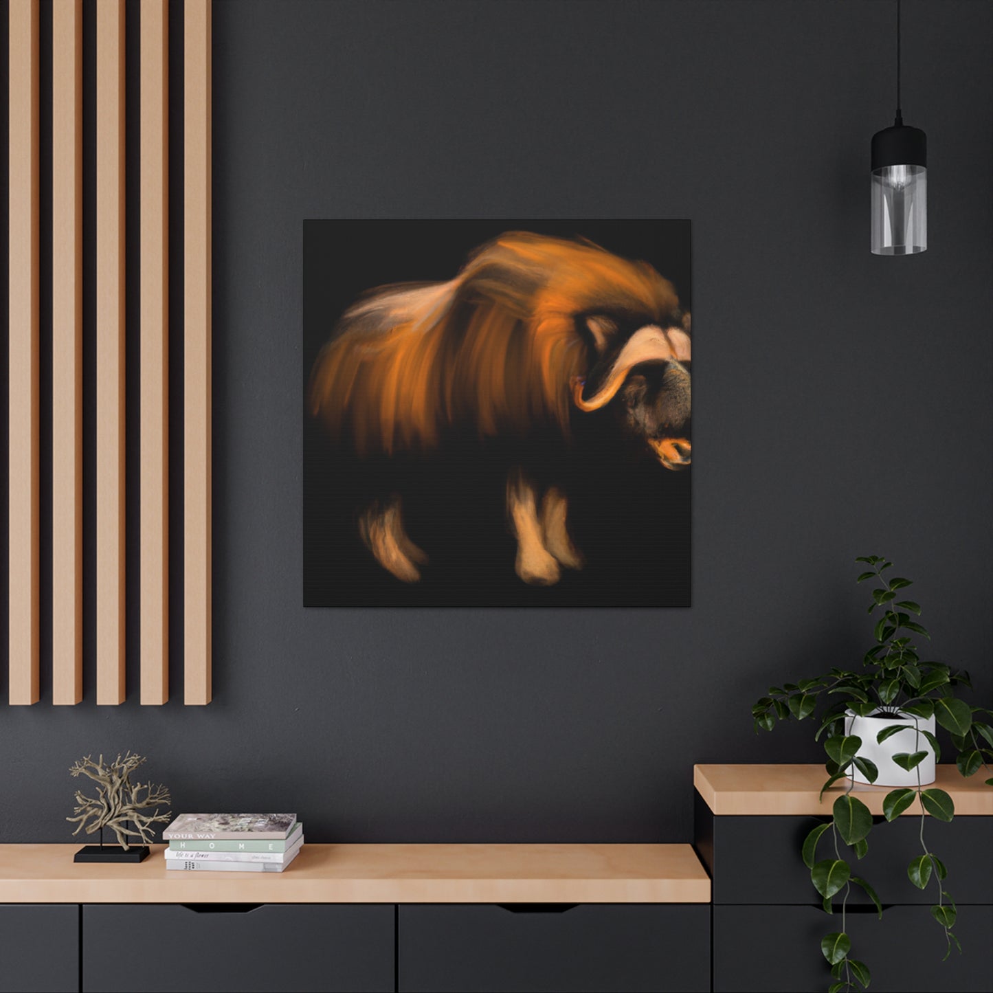 The Musk Ox was a popular symbol in Art Deco during the 1920s. It symbolized rugged strength and courage, and typically featured horns, thick fur, and a strong jaw line. Often adorned with geometric patterns, geometric shapes, and - Canvas