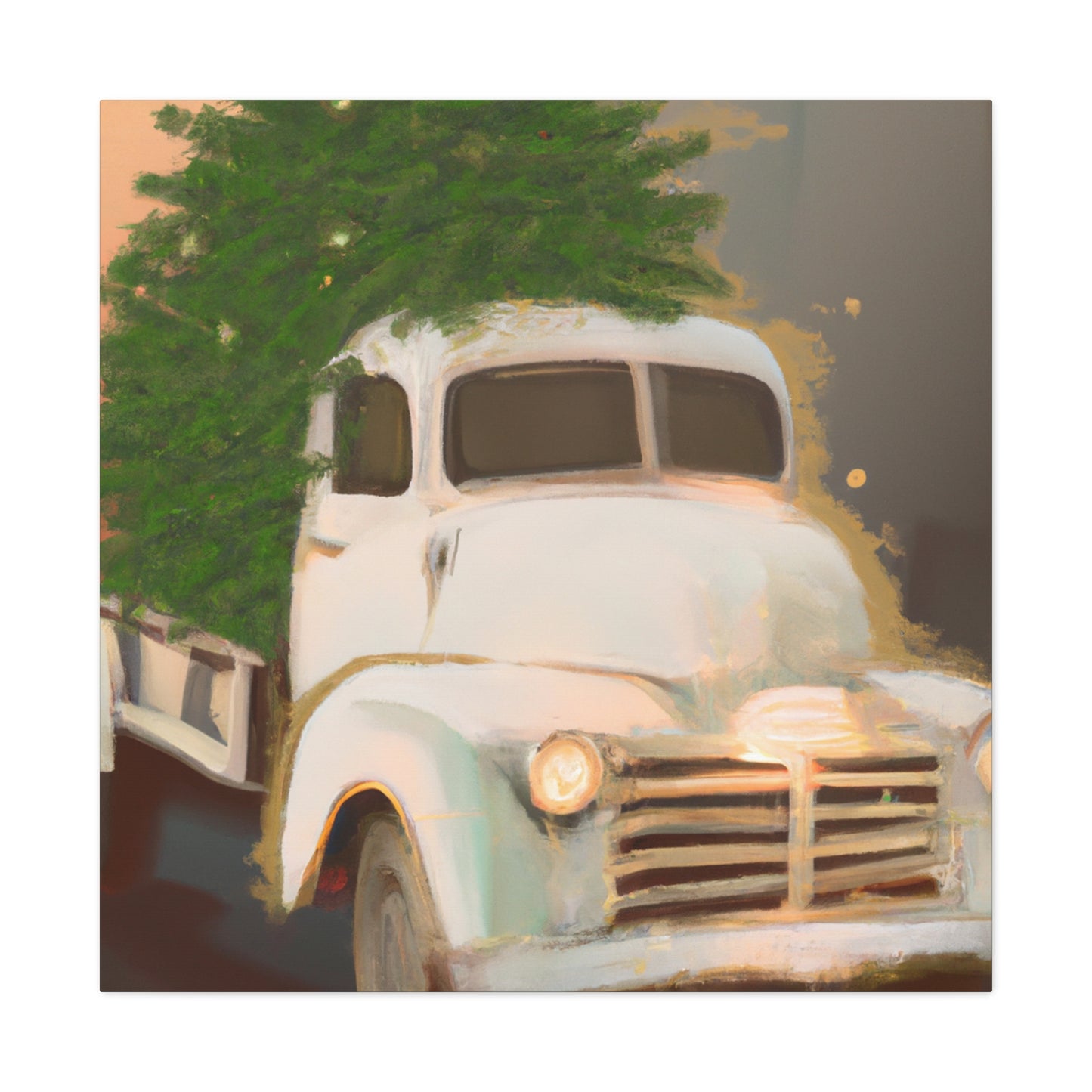 This is a unique antique piece that would look great in any Art Deco-inspired space. The vintage Christmas Tree delivery truck is hand-painted in bold black and white, with bright red accents on the tree. The vehicle itself features a - Canvas