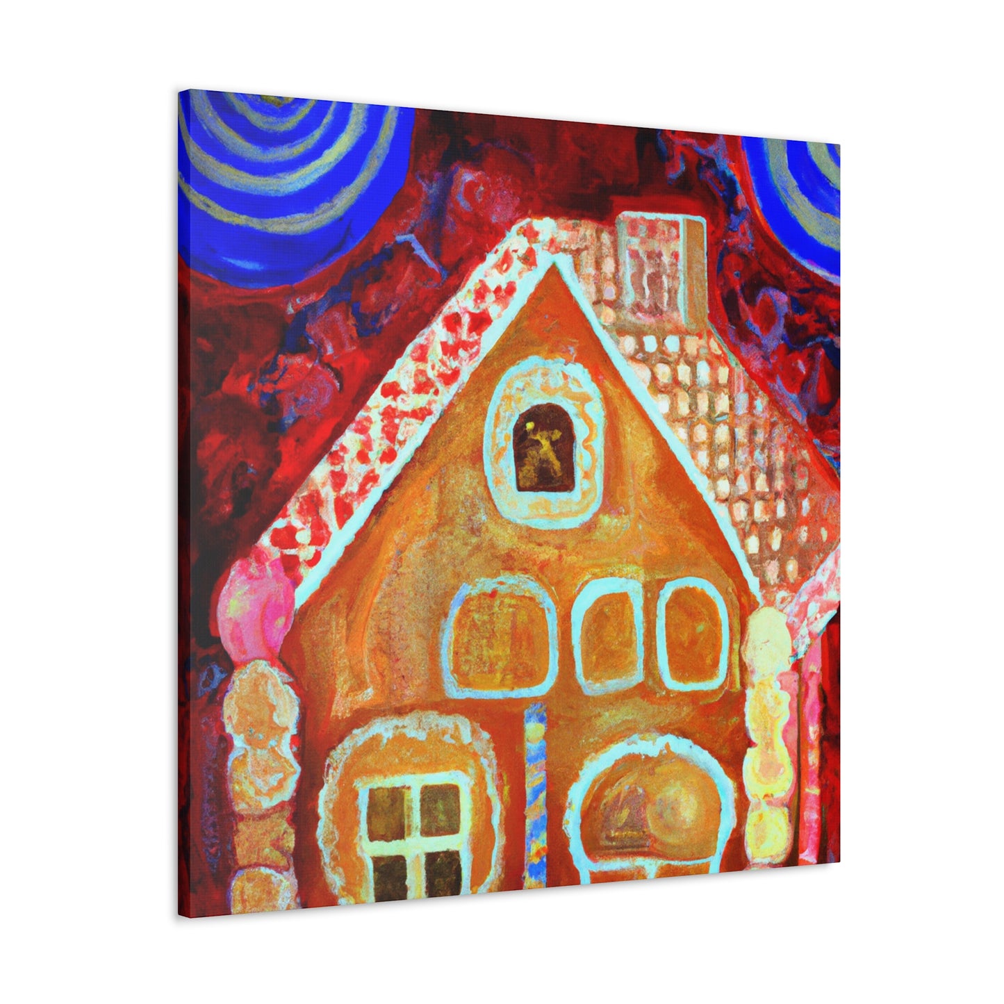 Gingerbread houses are a classic decoration in Art Decor from the 1920s. This popular craft is a fun and festive way to add some nostalgia and whimsy to any room. Gingerbread houses are constructed from edible components, typically dark - Canvas