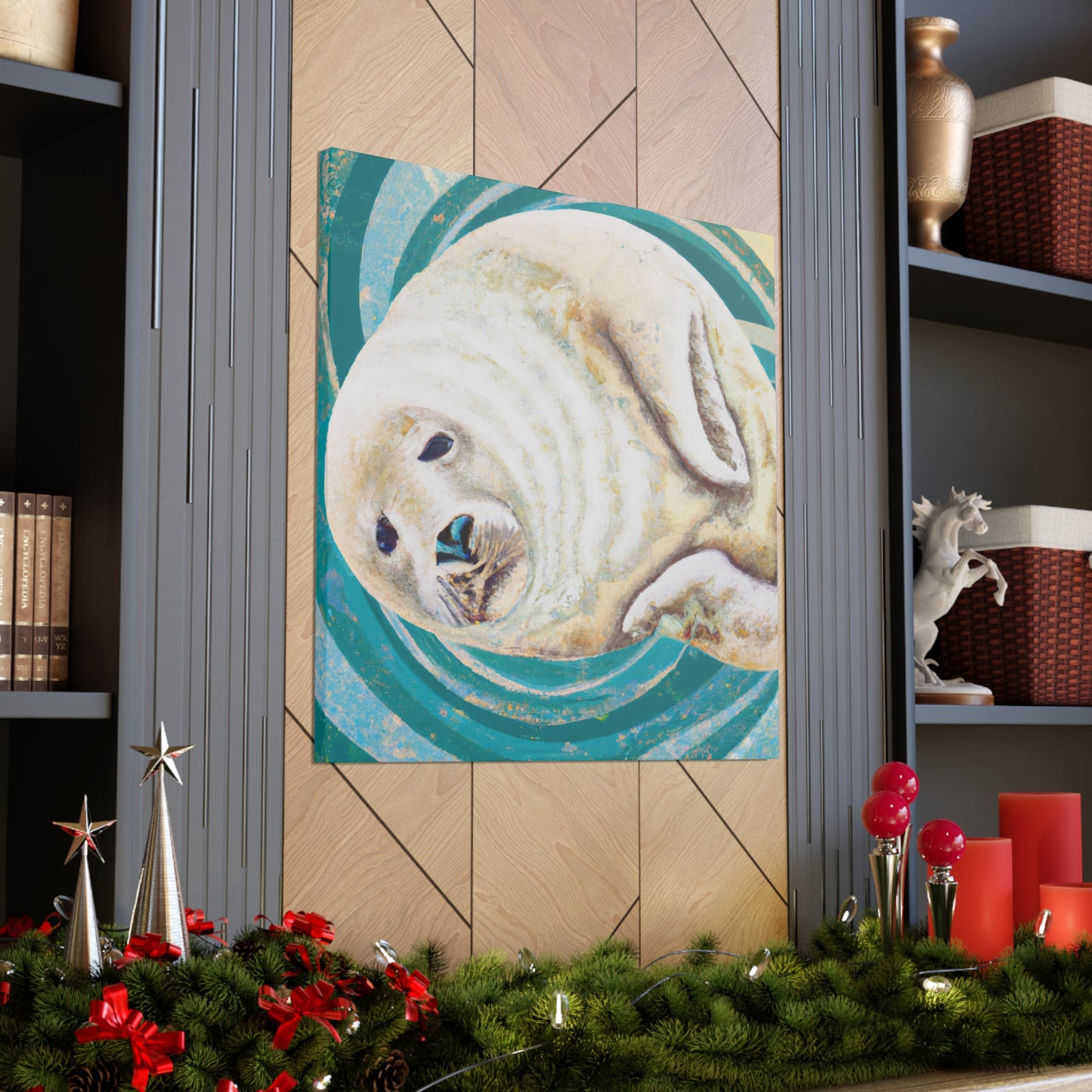 The Art Deco style of the 1920s was characterized by its geometric, symmetric shapes, sleek lines, and bold colors. The smooth, curved shapes of a Harp Seal would certainly have fit in with this style, and the white - Canvas