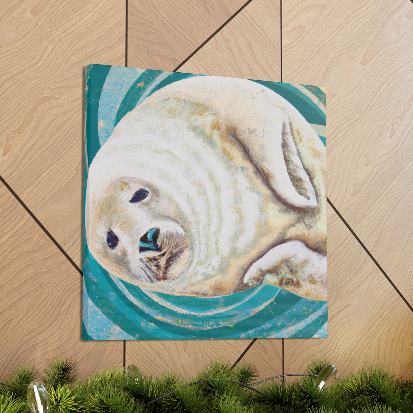 The Art Deco style of the 1920s was characterized by its geometric, symmetric shapes, sleek lines, and bold colors. The smooth, curved shapes of a Harp Seal would certainly have fit in with this style, and the white - Canvas