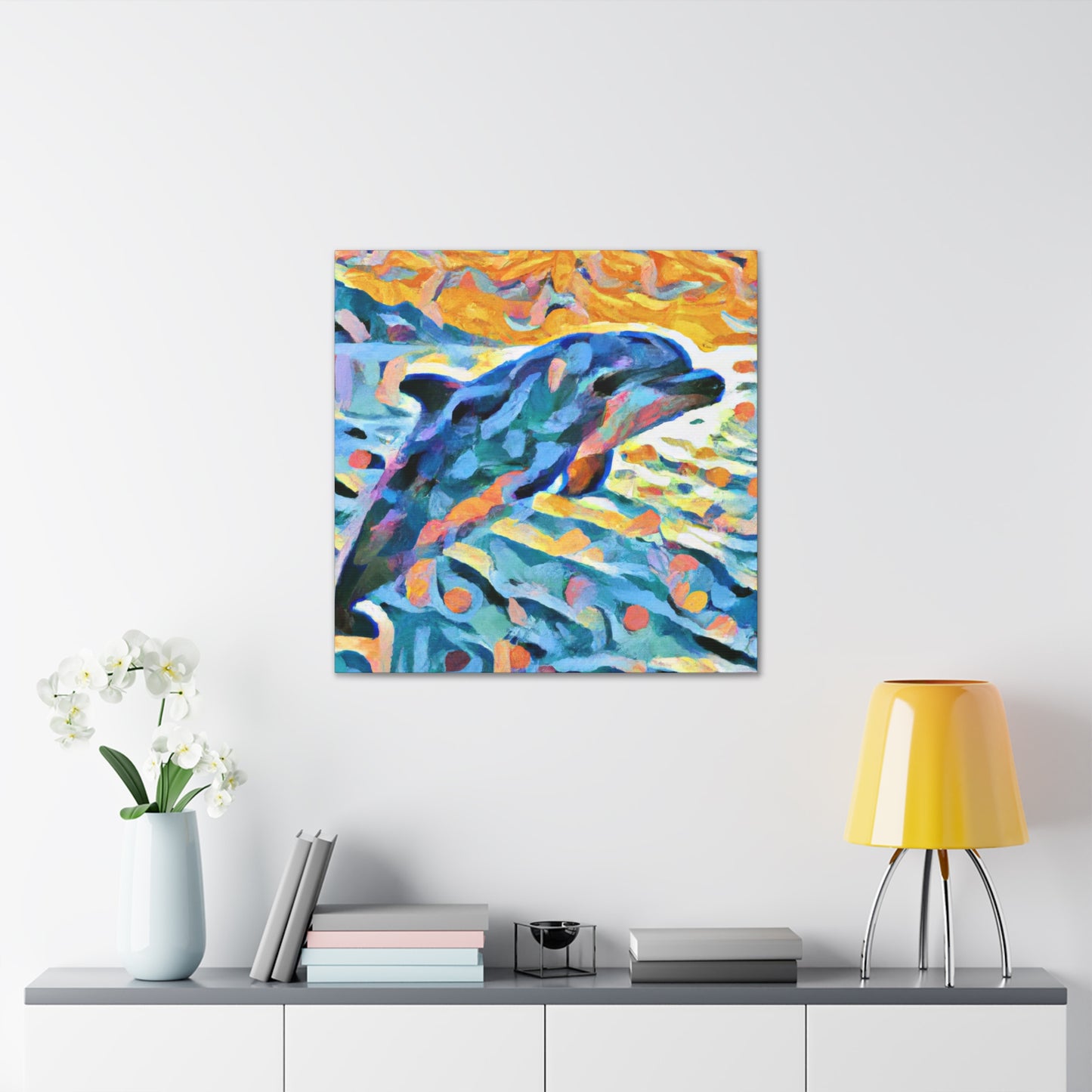 "Dolphin at Sunrise Scene" - Canvas