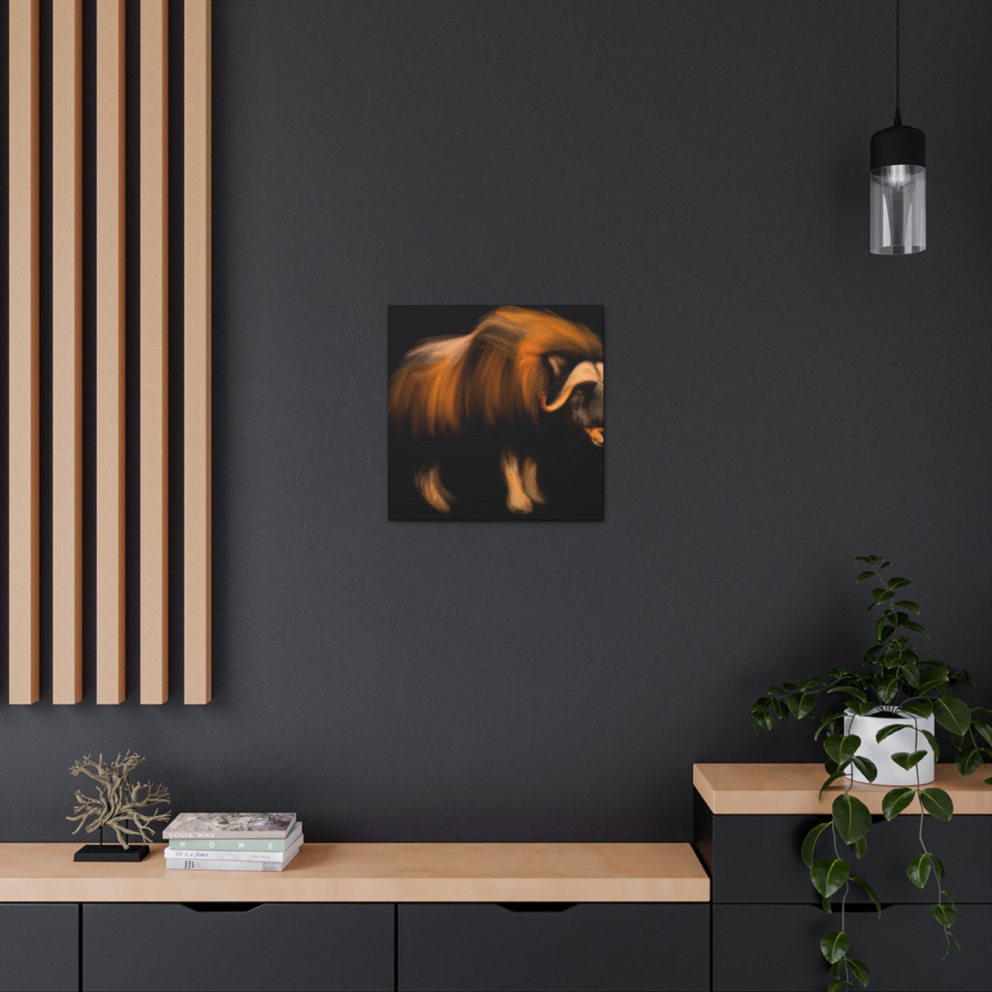 The Musk Ox was a popular symbol in Art Deco during the 1920s. It symbolized rugged strength and courage, and typically featured horns, thick fur, and a strong jaw line. Often adorned with geometric patterns, geometric shapes, and - Canvas