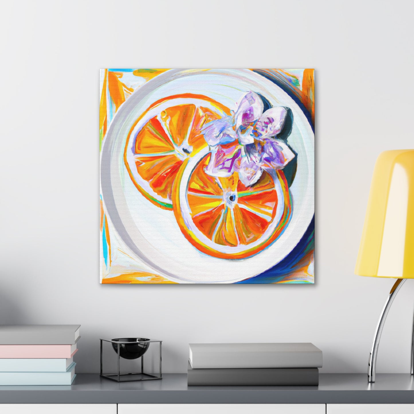 For a 1920s Art Decor look in orange, you can start by using a linen texture or other neutral tone backdrop. Then add geometric shapes, such as honeycomb or diamond patterns, in orange. Accent with furniture that has dark - Canvas