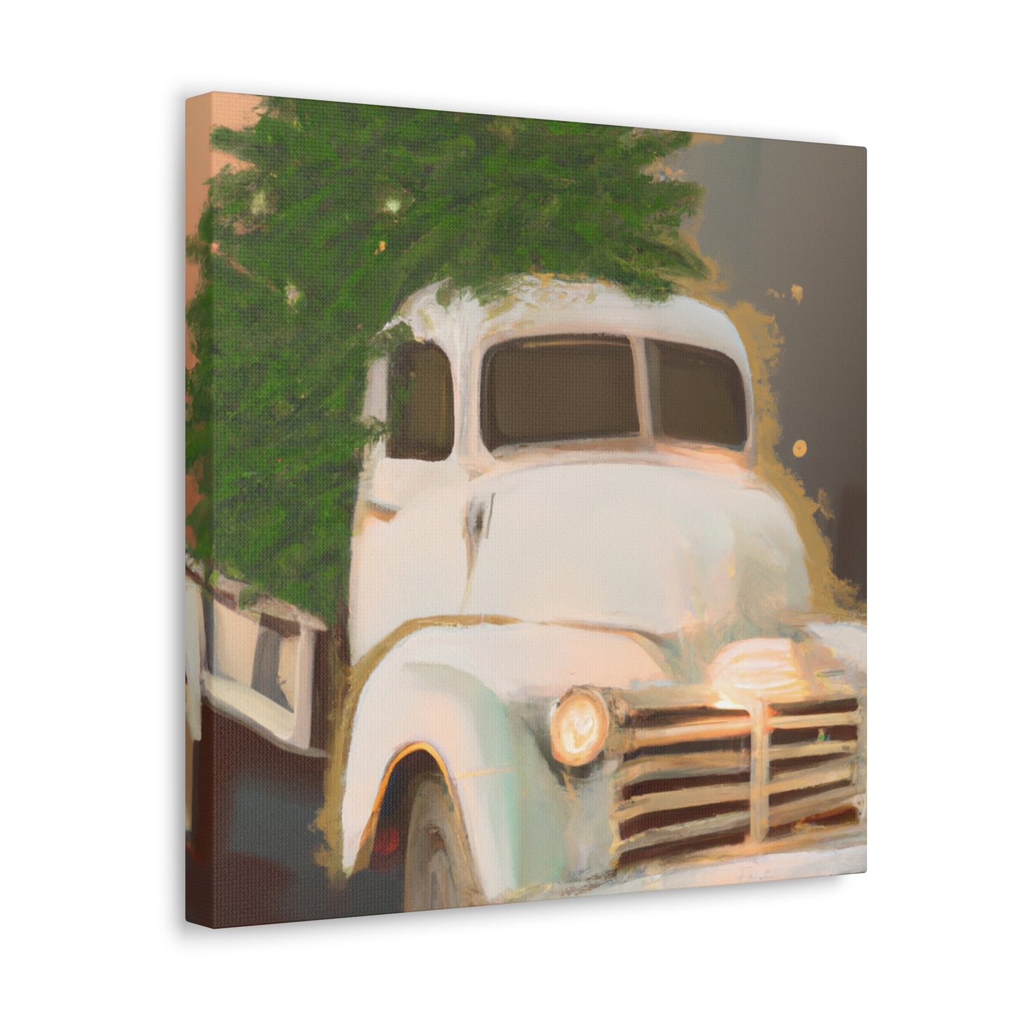 This is a unique antique piece that would look great in any Art Deco-inspired space. The vintage Christmas Tree delivery truck is hand-painted in bold black and white, with bright red accents on the tree. The vehicle itself features a - Canvas