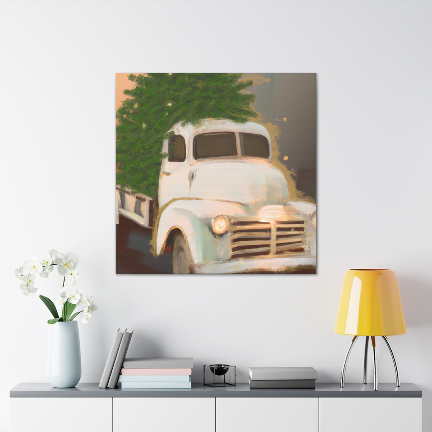 This is a unique antique piece that would look great in any Art Deco-inspired space. The vintage Christmas Tree delivery truck is hand-painted in bold black and white, with bright red accents on the tree. The vehicle itself features a - Canvas