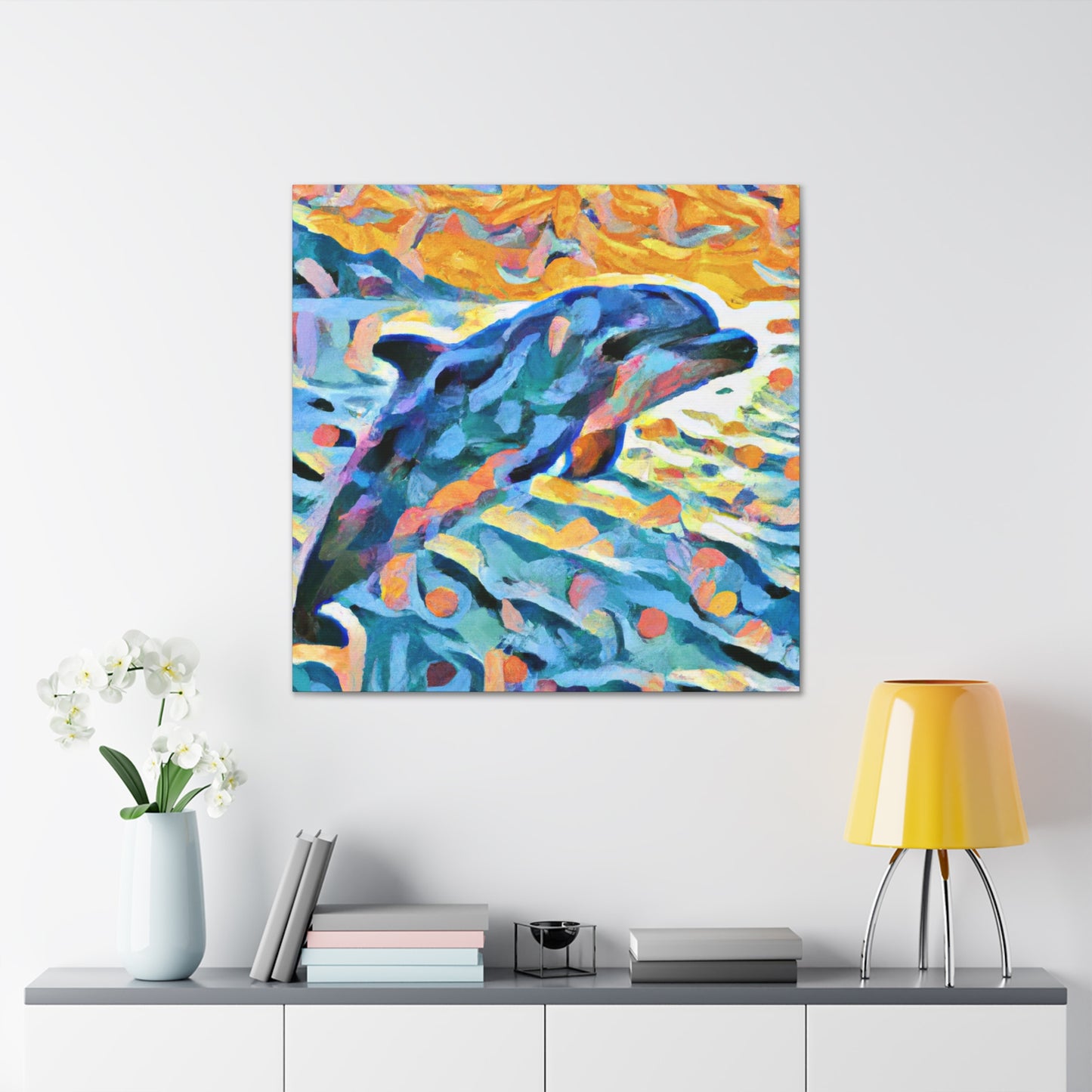 "Dolphin at Sunrise Scene" - Canvas