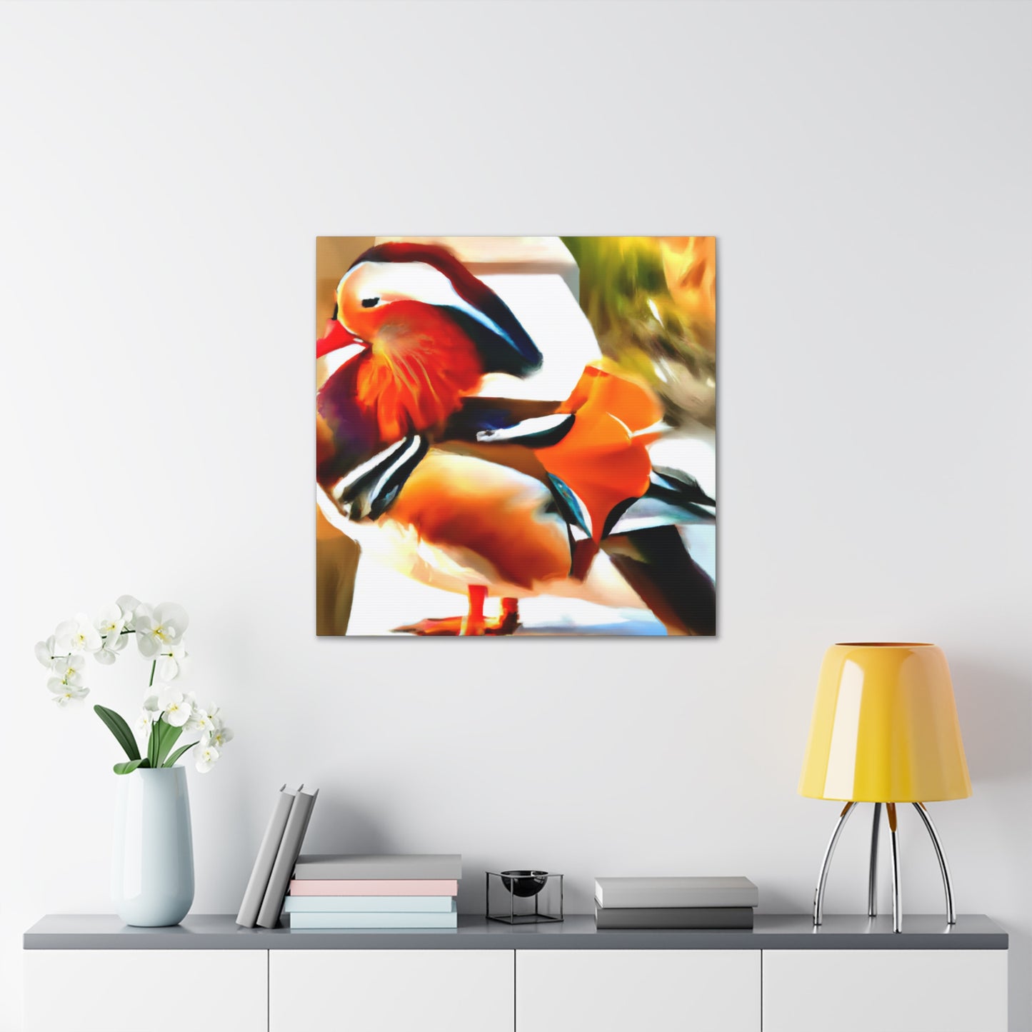 The mandarin duck, native to East Asia, became a popular motif in Art Deco aesthetics of the 1920s. Representing a symbol of love and fidelity, the Mandarin duck became popular because of its striking colors and graceful posture. The - Canvas