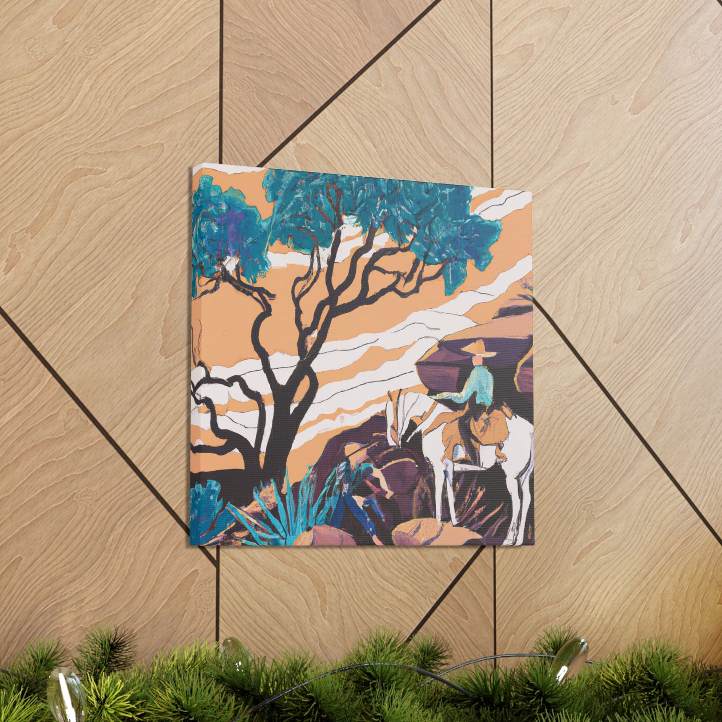 "Roping at Dusk — Deco". - Canvas