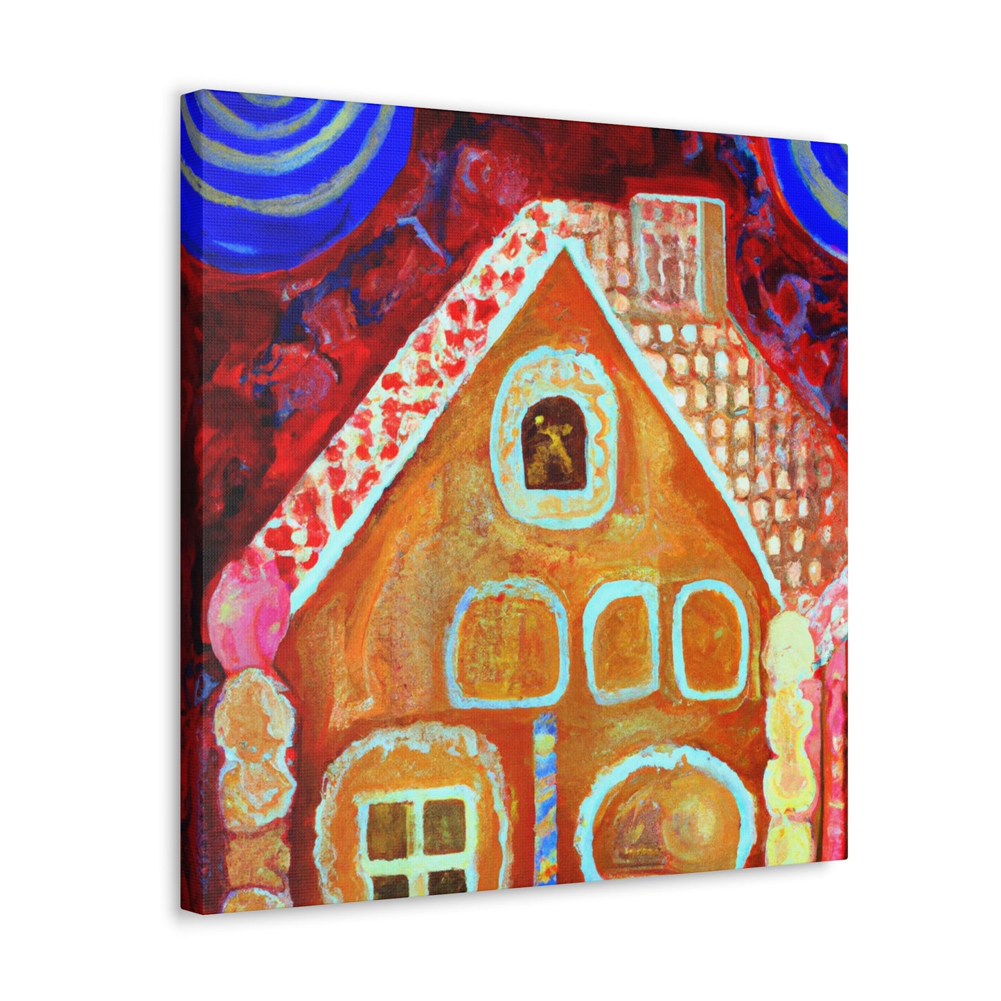 Gingerbread houses are a classic decoration in Art Decor from the 1920s. This popular craft is a fun and festive way to add some nostalgia and whimsy to any room. Gingerbread houses are constructed from edible components, typically dark - Canvas