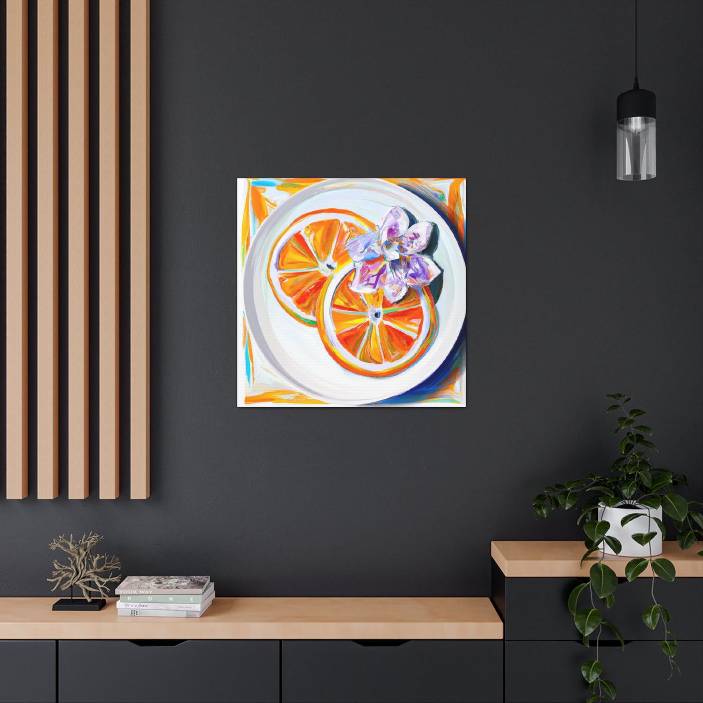 For a 1920s Art Decor look in orange, you can start by using a linen texture or other neutral tone backdrop. Then add geometric shapes, such as honeycomb or diamond patterns, in orange. Accent with furniture that has dark - Canvas