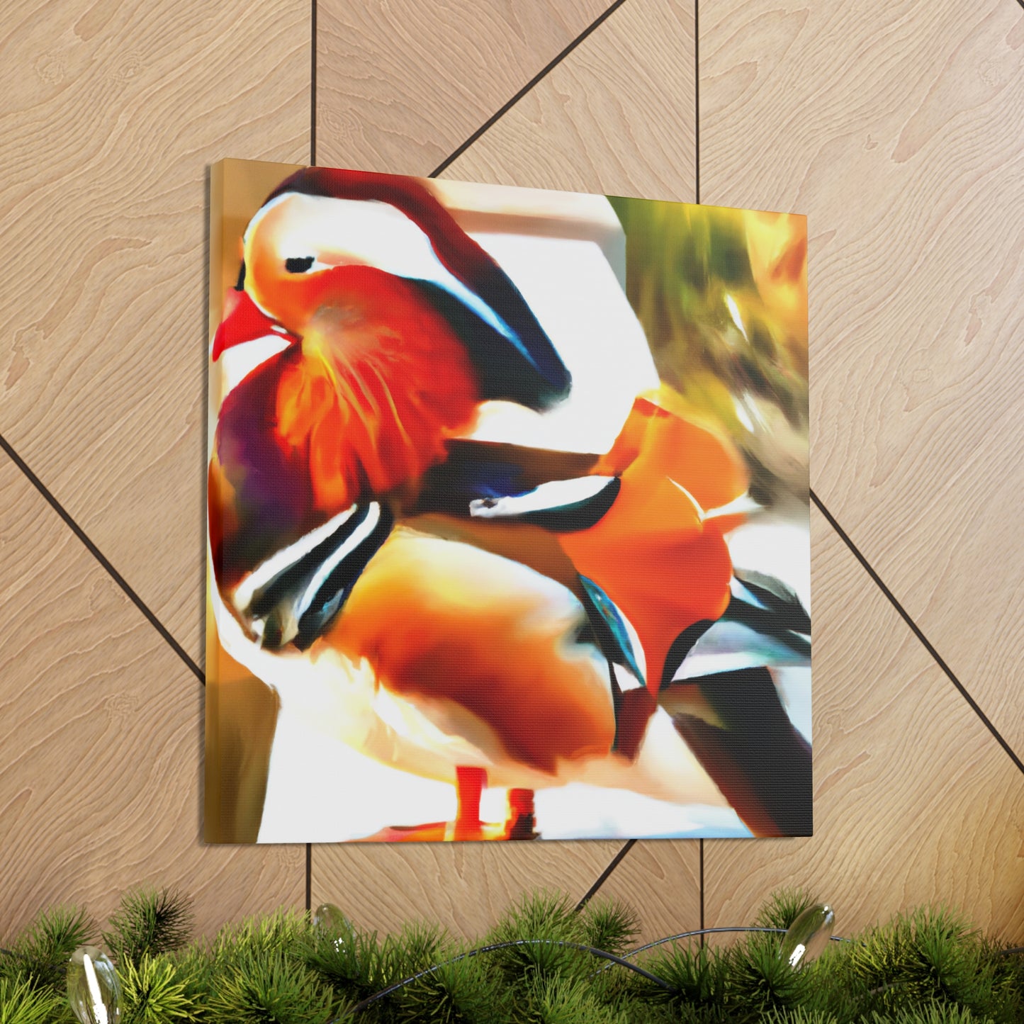 The mandarin duck, native to East Asia, became a popular motif in Art Deco aesthetics of the 1920s. Representing a symbol of love and fidelity, the Mandarin duck became popular because of its striking colors and graceful posture. The - Canvas