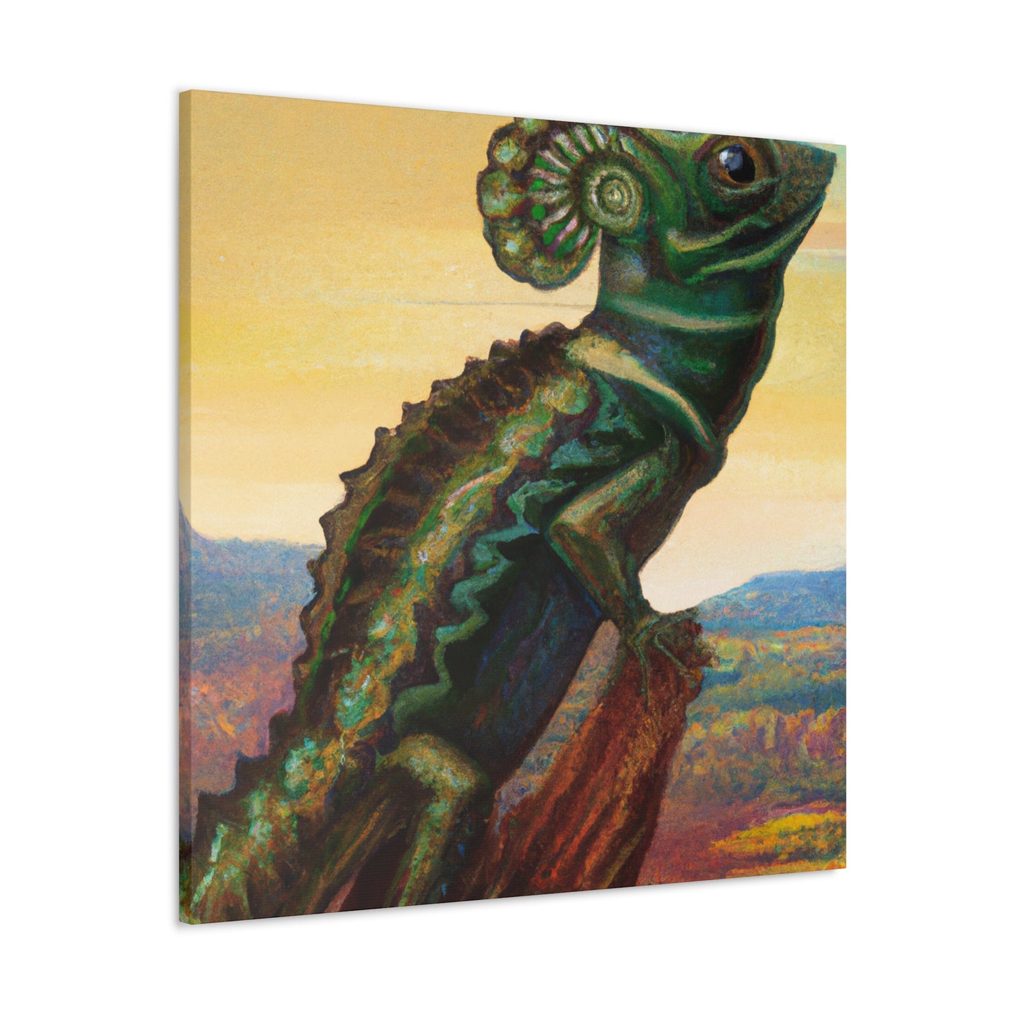 The Frilled Lizard (Chlamydosaurus kingii) is an iconic symbol of the Art Deco 1920s. Its vibrant, scaly body, curved horns, and spiky frills around its head and neck make it a compelling - Canvas