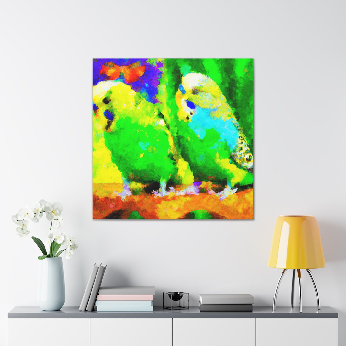 Budgies in Bloom. - Canvas