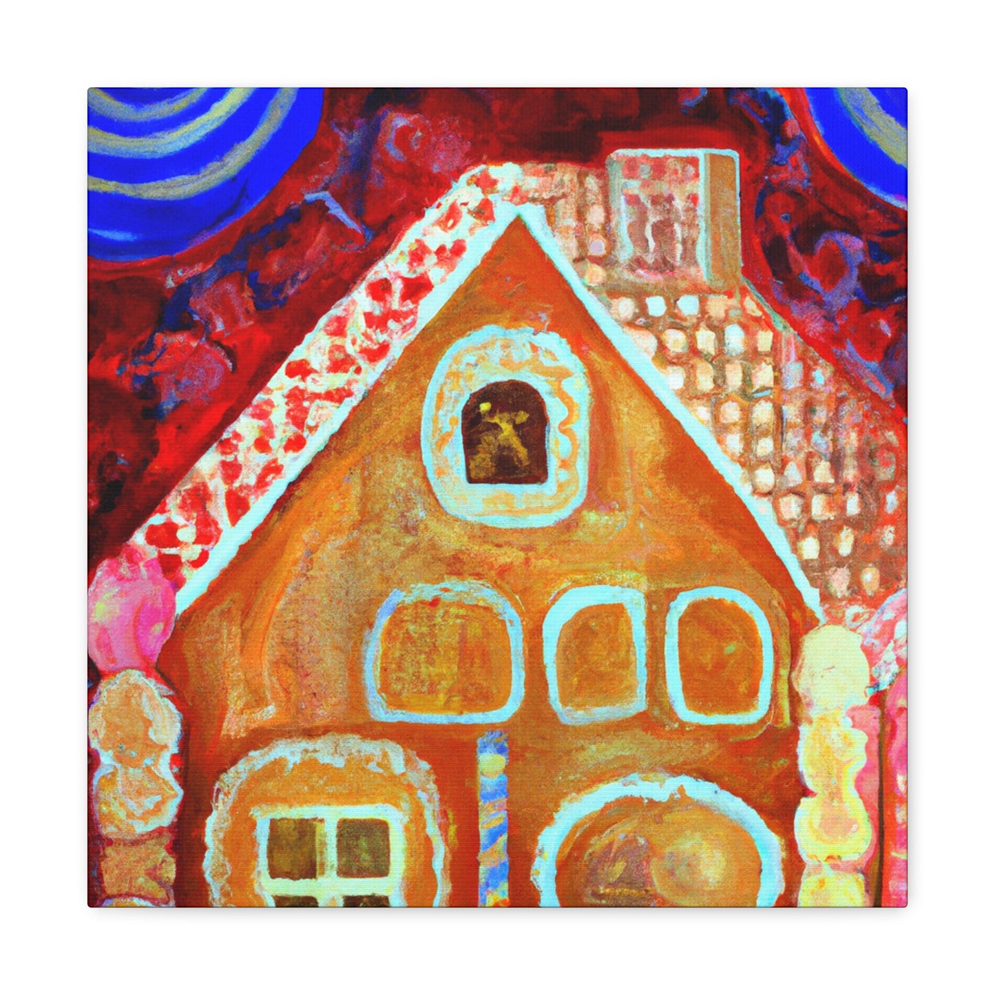 Gingerbread houses are a classic decoration in Art Decor from the 1920s. This popular craft is a fun and festive way to add some nostalgia and whimsy to any room. Gingerbread houses are constructed from edible components, typically dark - Canvas