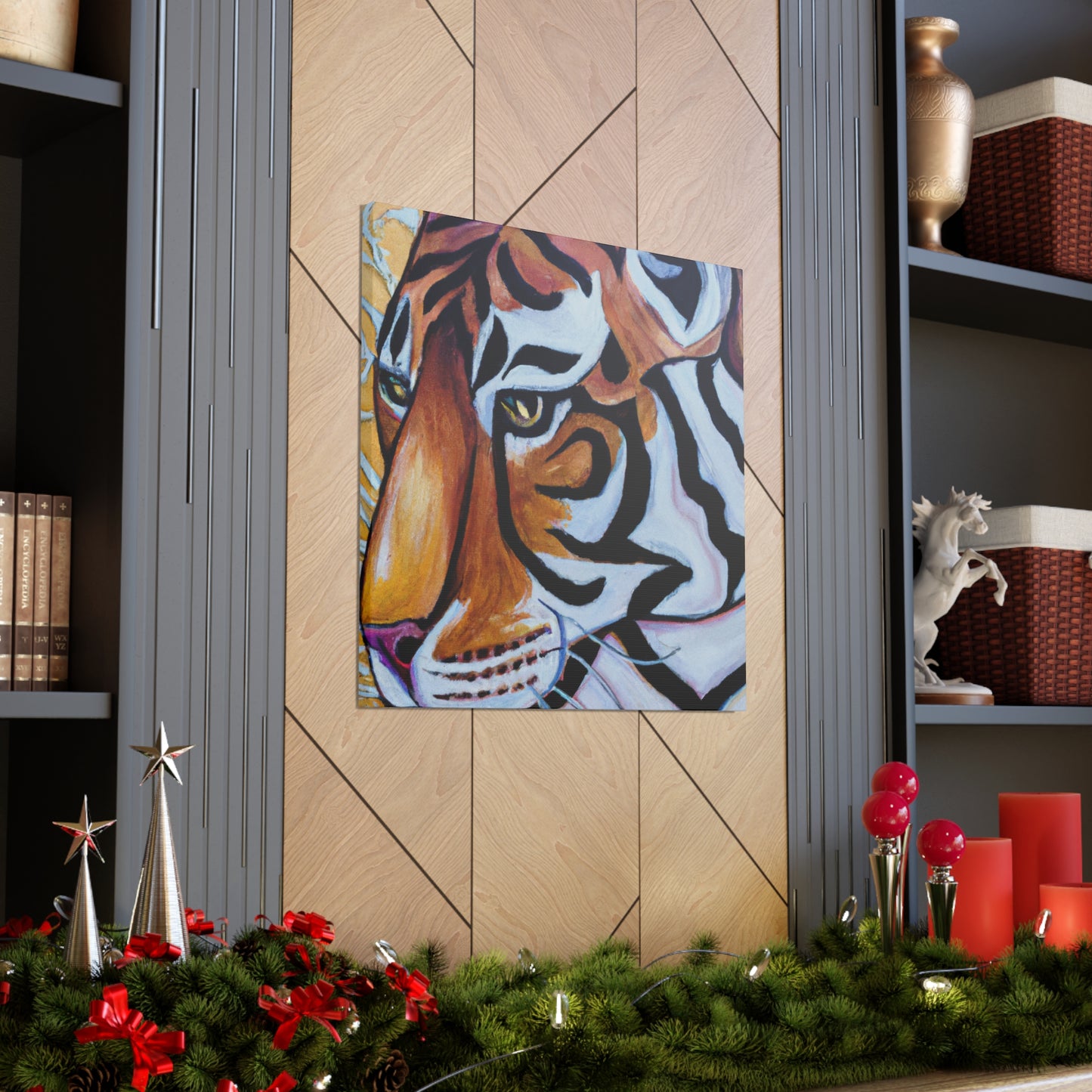 The Bengal tiger has become an iconic symbol of style and elegance in the Art Deco era of the 1920s. Its beautiful orange and black stripes, strong features, and fierce demeanor would all work to create a powerful and stylish motif. This could - Canvas