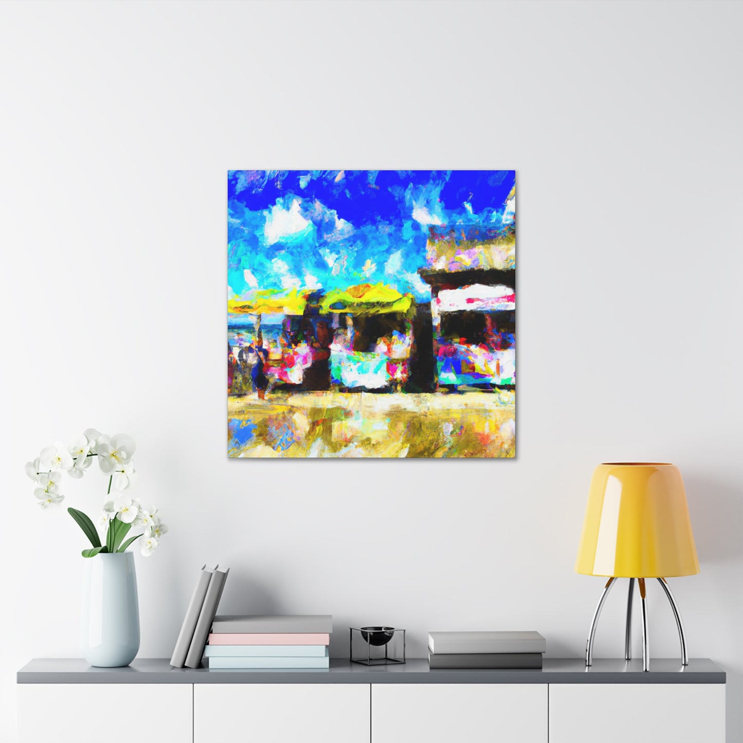 "Sunlit Seaside Shops" - Canvas