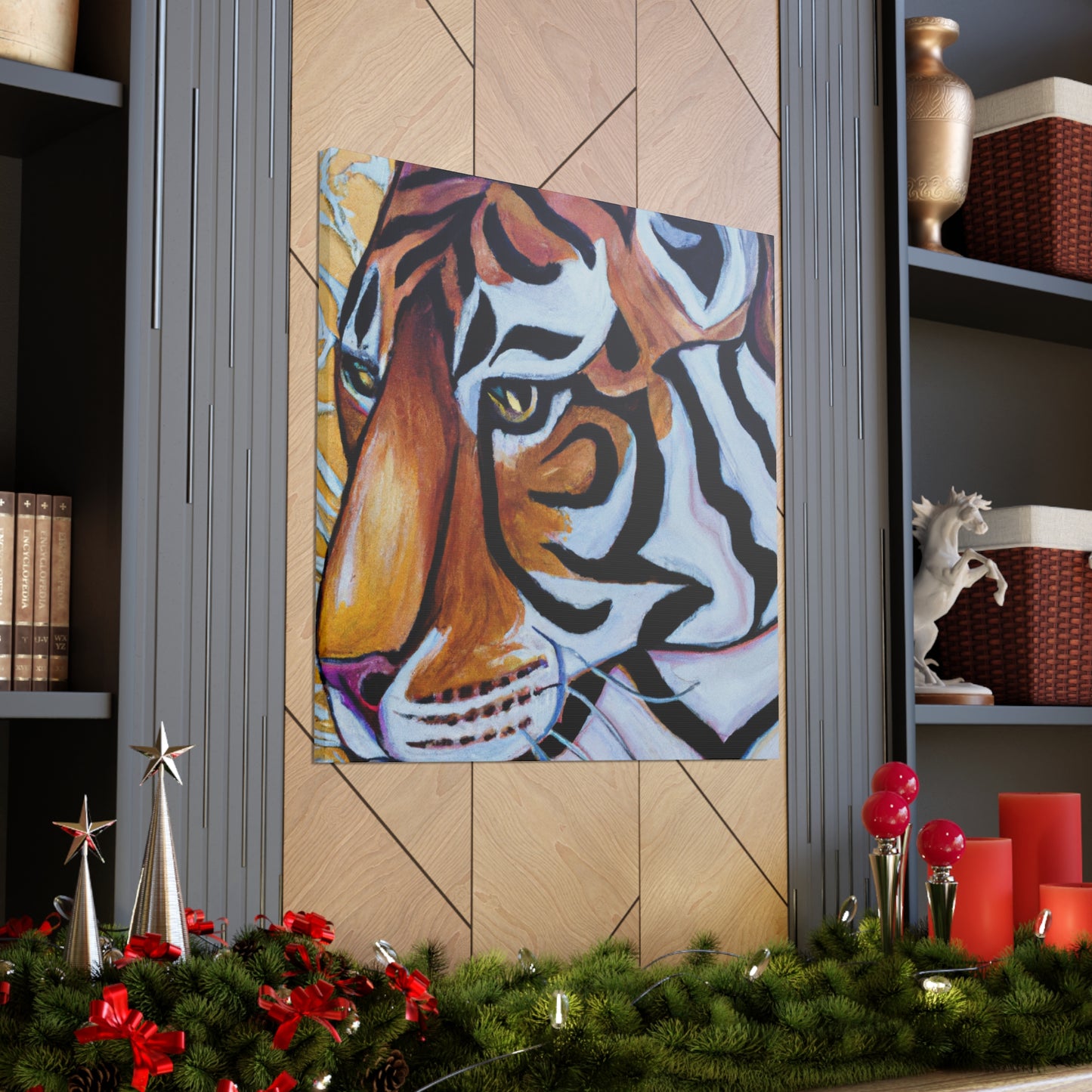 The Bengal tiger has become an iconic symbol of style and elegance in the Art Deco era of the 1920s. Its beautiful orange and black stripes, strong features, and fierce demeanor would all work to create a powerful and stylish motif. This could - Canvas