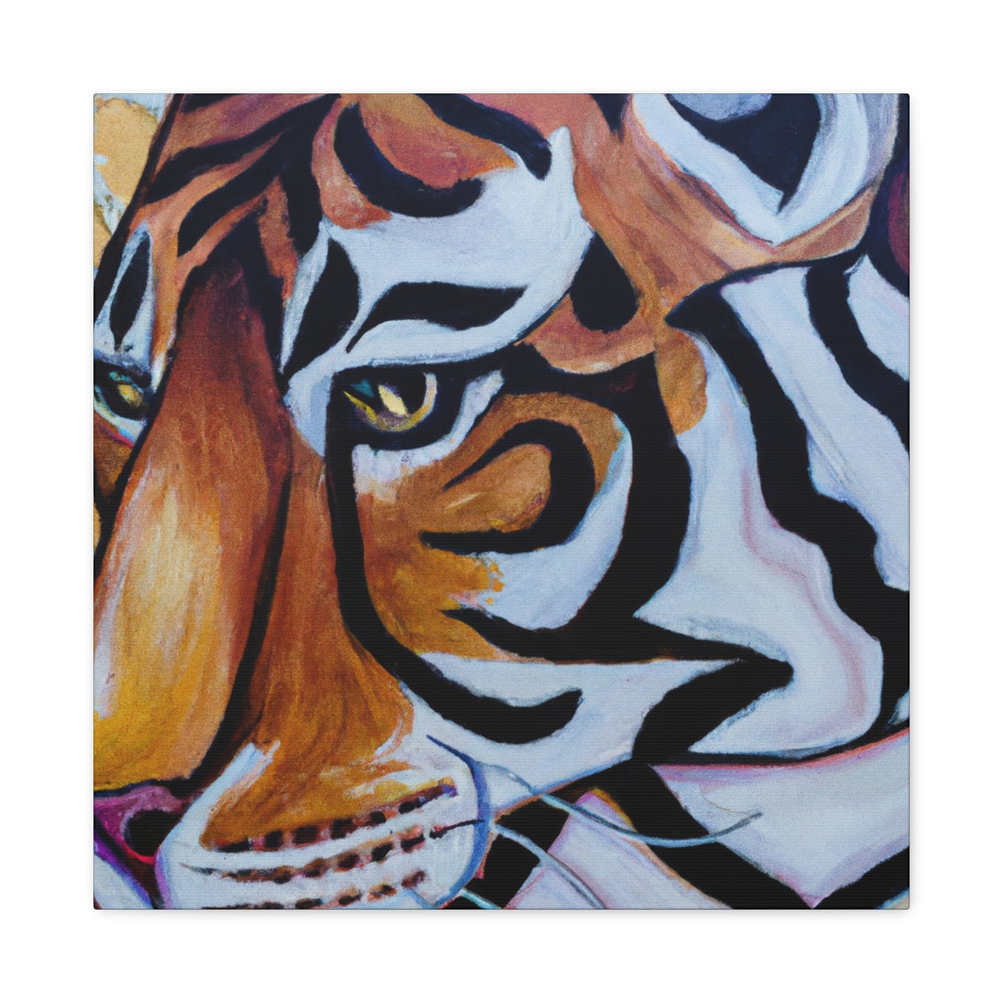 The Bengal tiger has become an iconic symbol of style and elegance in the Art Deco era of the 1920s. Its beautiful orange and black stripes, strong features, and fierce demeanor would all work to create a powerful and stylish motif. This could - Canvas