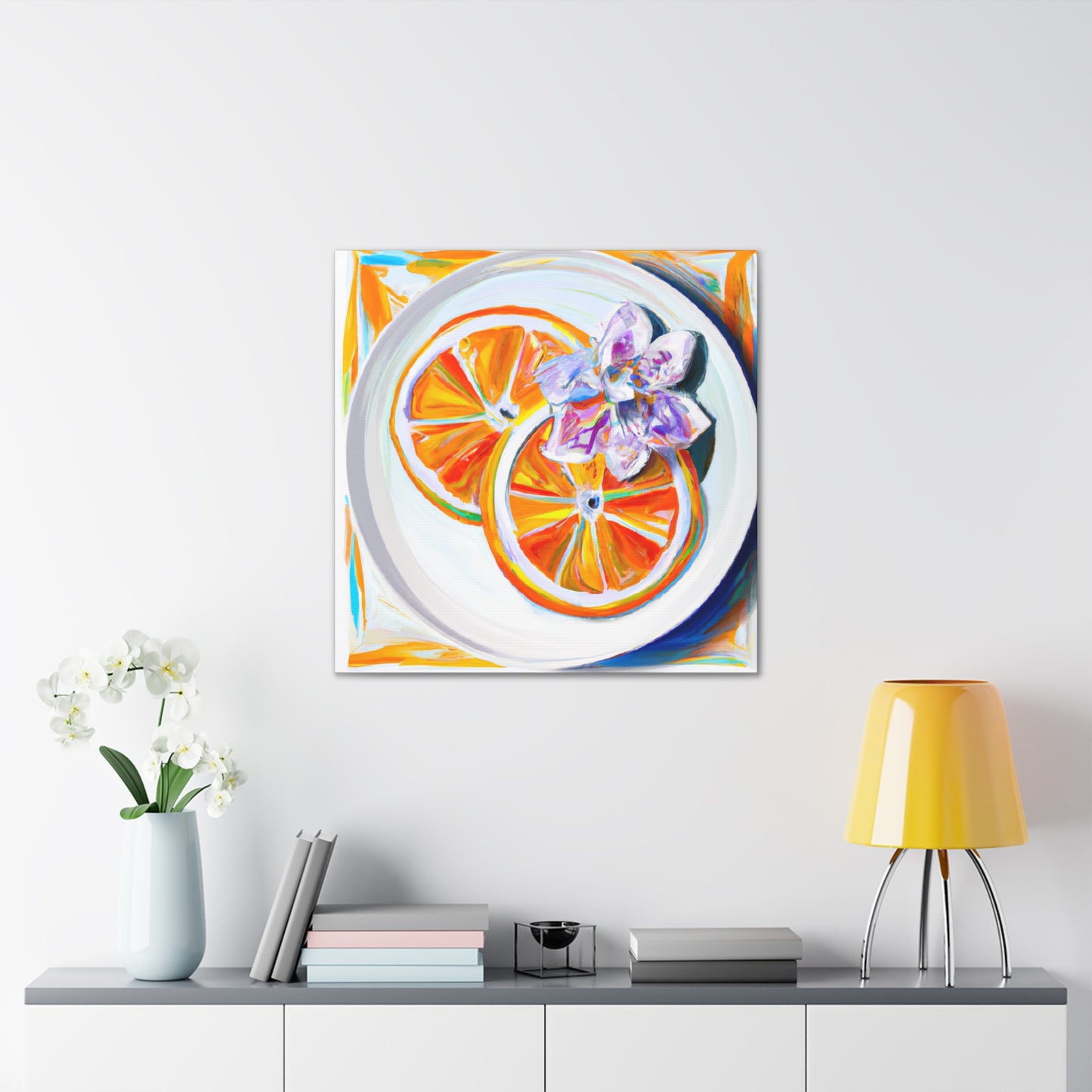 For a 1920s Art Decor look in orange, you can start by using a linen texture or other neutral tone backdrop. Then add geometric shapes, such as honeycomb or diamond patterns, in orange. Accent with furniture that has dark - Canvas