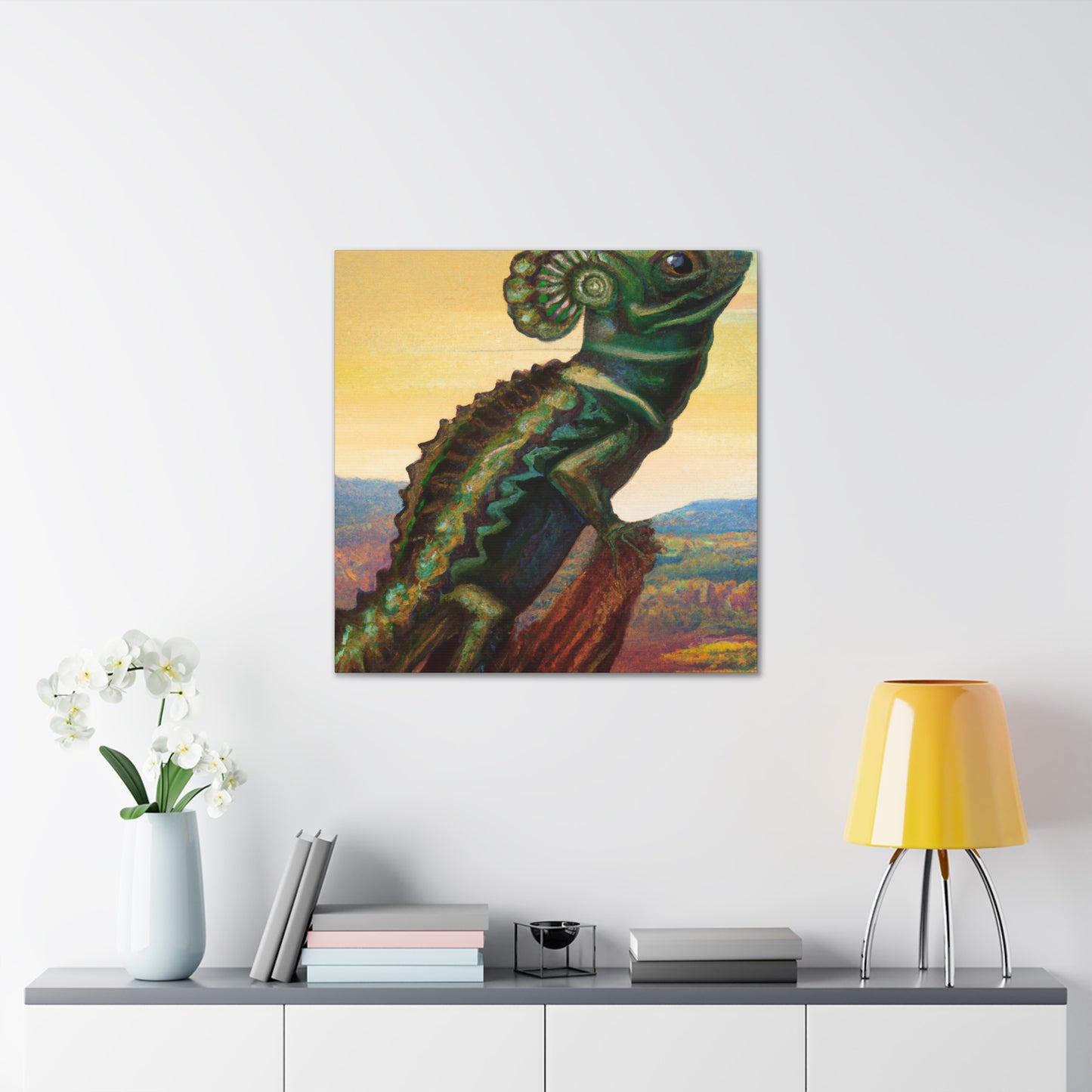 The Frilled Lizard (Chlamydosaurus kingii) is an iconic symbol of the Art Deco 1920s. Its vibrant, scaly body, curved horns, and spiky frills around its head and neck make it a compelling - Canvas