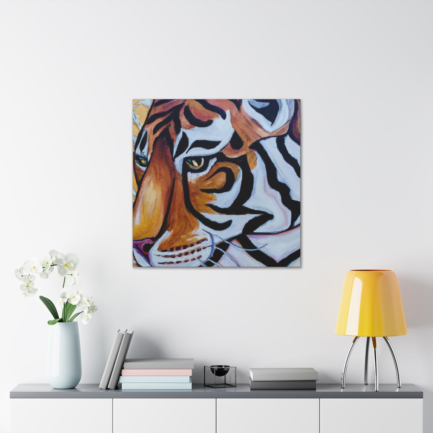 The Bengal tiger has become an iconic symbol of style and elegance in the Art Deco era of the 1920s. Its beautiful orange and black stripes, strong features, and fierce demeanor would all work to create a powerful and stylish motif. This could - Canvas