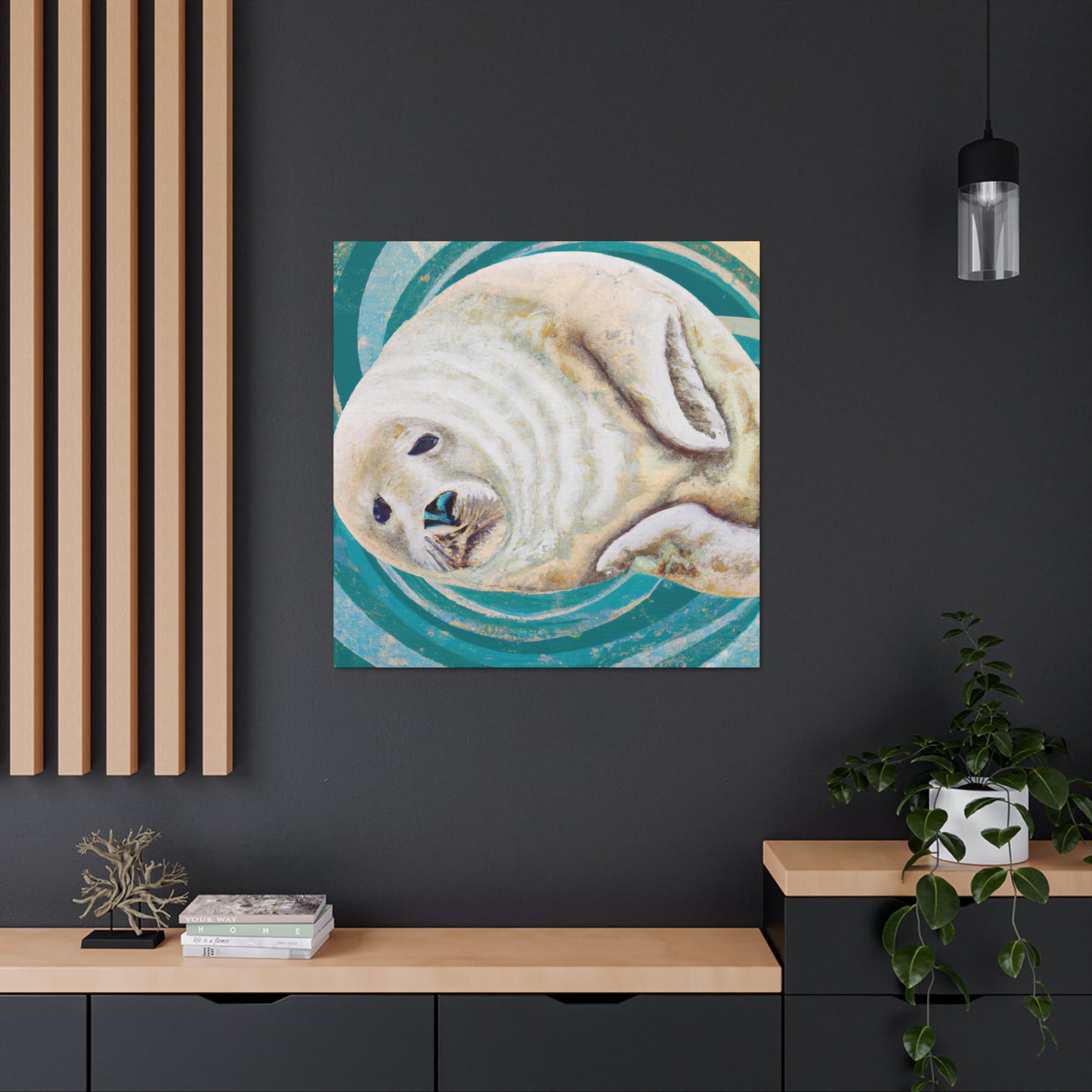 The Art Deco style of the 1920s was characterized by its geometric, symmetric shapes, sleek lines, and bold colors. The smooth, curved shapes of a Harp Seal would certainly have fit in with this style, and the white - Canvas