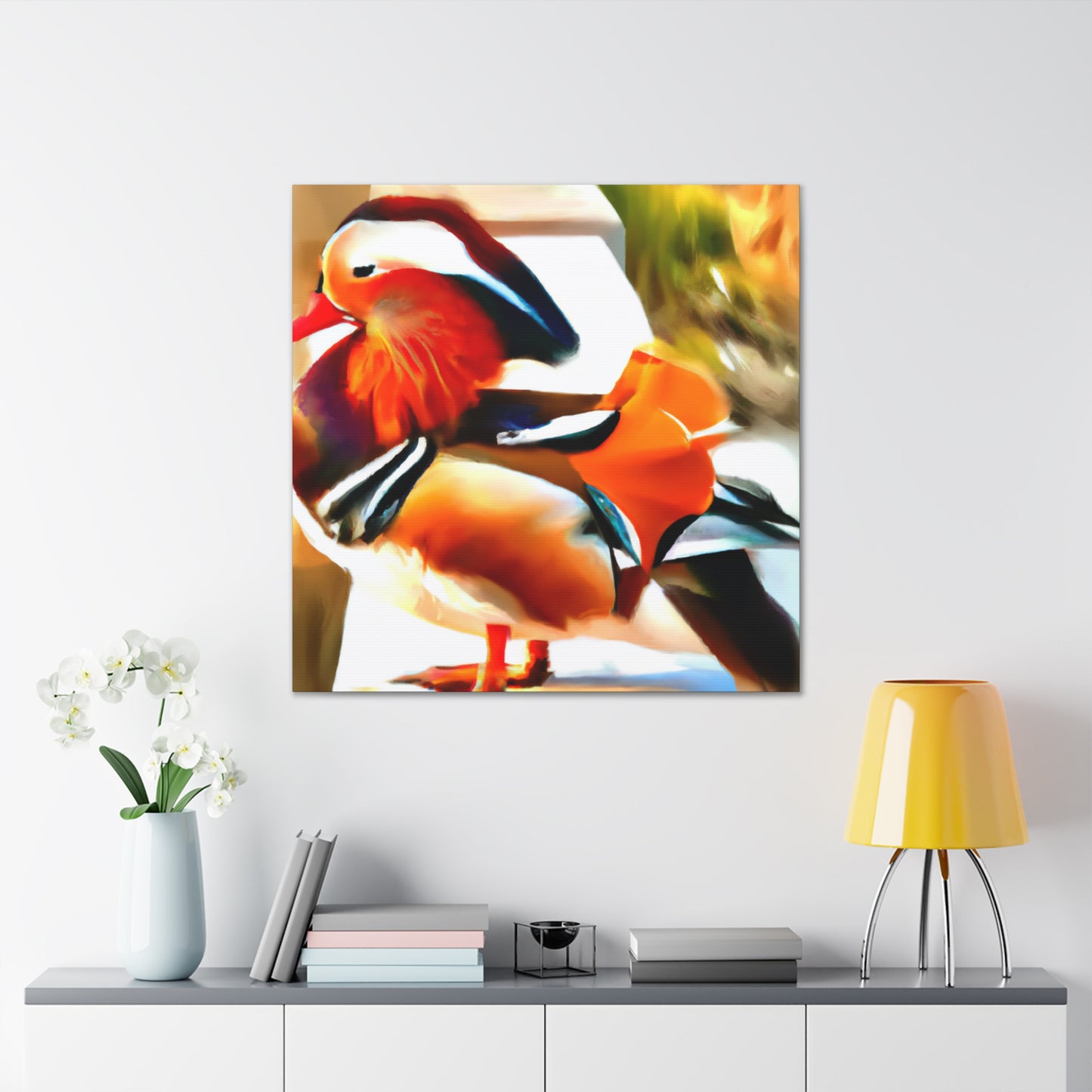 The mandarin duck, native to East Asia, became a popular motif in Art Deco aesthetics of the 1920s. Representing a symbol of love and fidelity, the Mandarin duck became popular because of its striking colors and graceful posture. The - Canvas