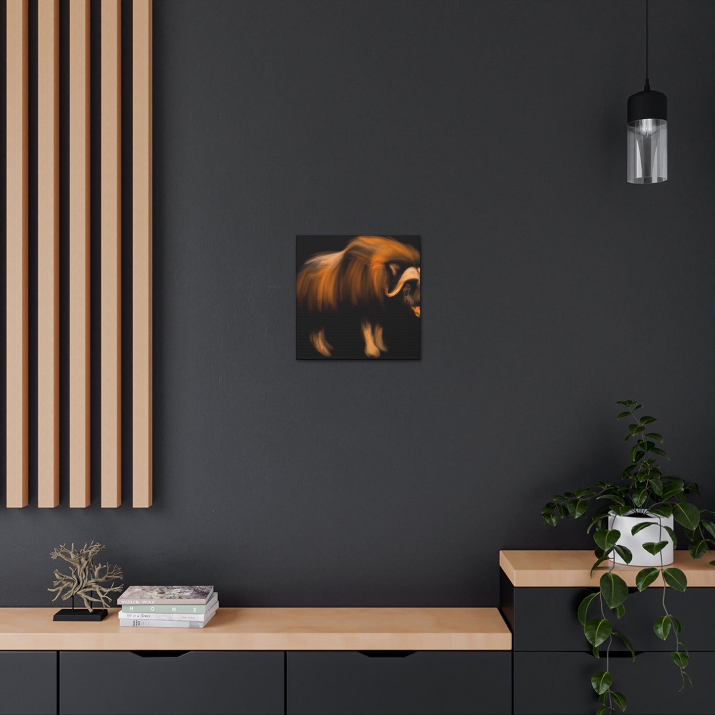 The Musk Ox was a popular symbol in Art Deco during the 1920s. It symbolized rugged strength and courage, and typically featured horns, thick fur, and a strong jaw line. Often adorned with geometric patterns, geometric shapes, and - Canvas