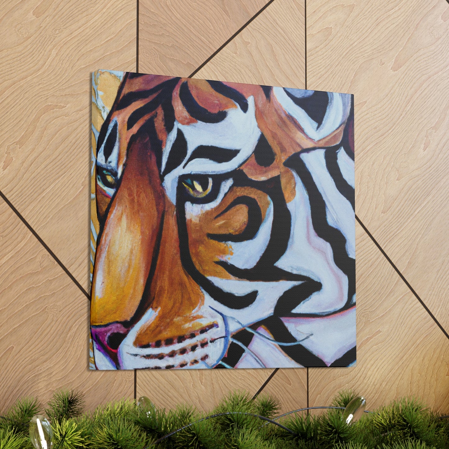 The Bengal tiger has become an iconic symbol of style and elegance in the Art Deco era of the 1920s. Its beautiful orange and black stripes, strong features, and fierce demeanor would all work to create a powerful and stylish motif. This could - Canvas