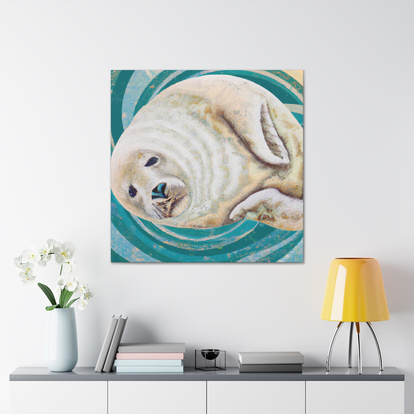 The Art Deco style of the 1920s was characterized by its geometric, symmetric shapes, sleek lines, and bold colors. The smooth, curved shapes of a Harp Seal would certainly have fit in with this style, and the white - Canvas